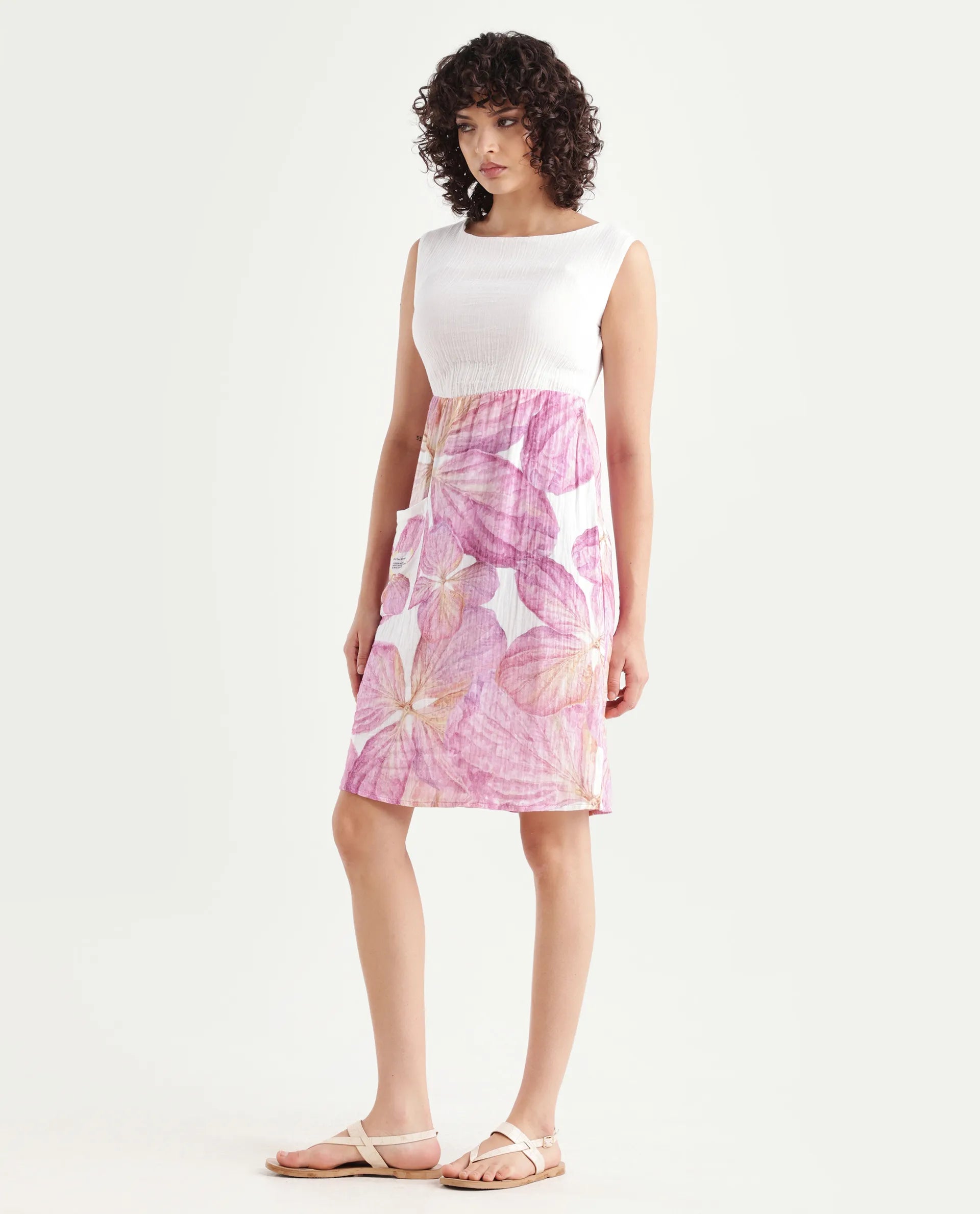 Rareism Women's Fopik Light Multi Cotton Crew Neck Floral Print Sleeveless Knee Length Fit And Flare Dress