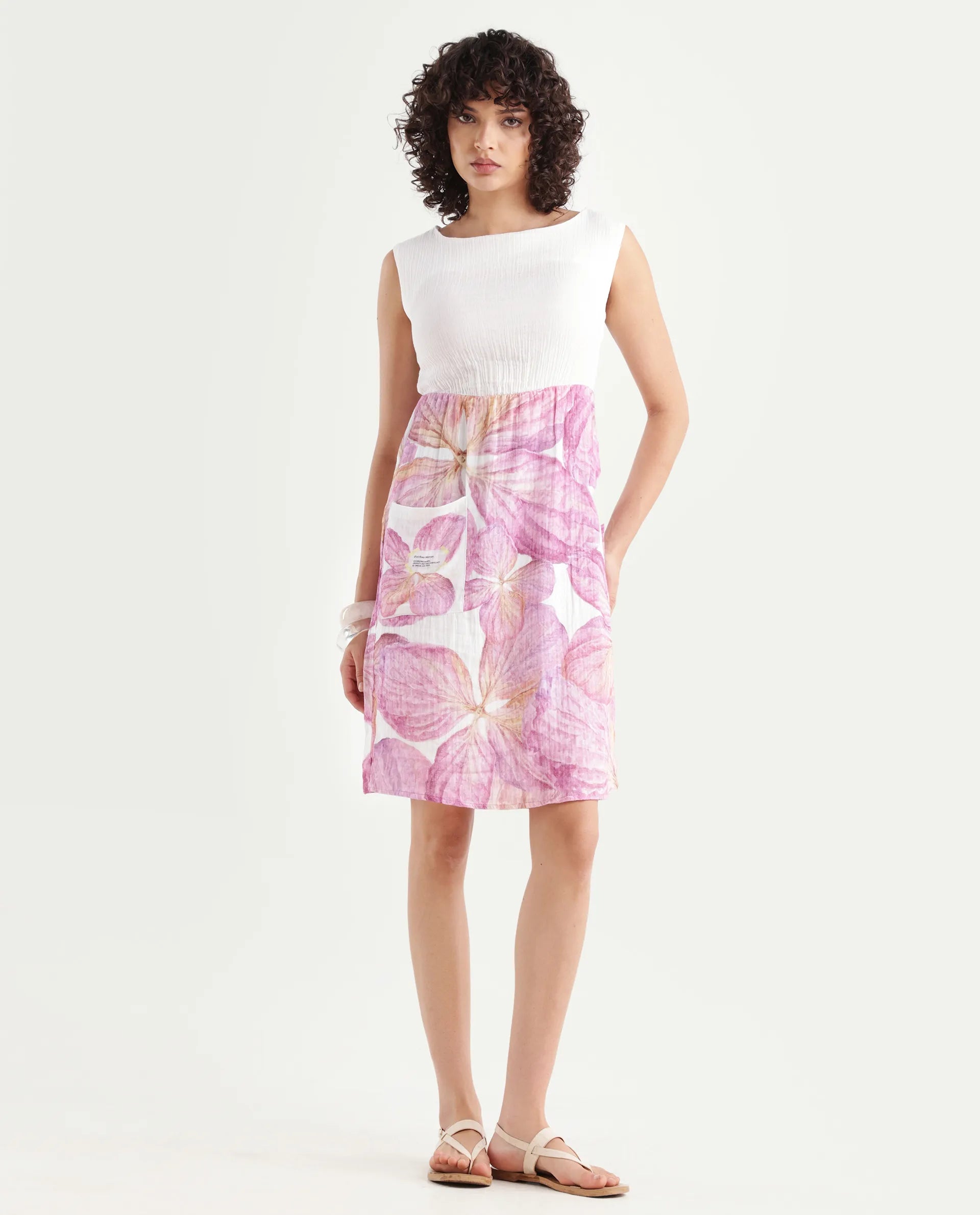 Rareism Women's Fopik Light Multi Cotton Crew Neck Floral Print Sleeveless Knee Length Fit And Flare Dress