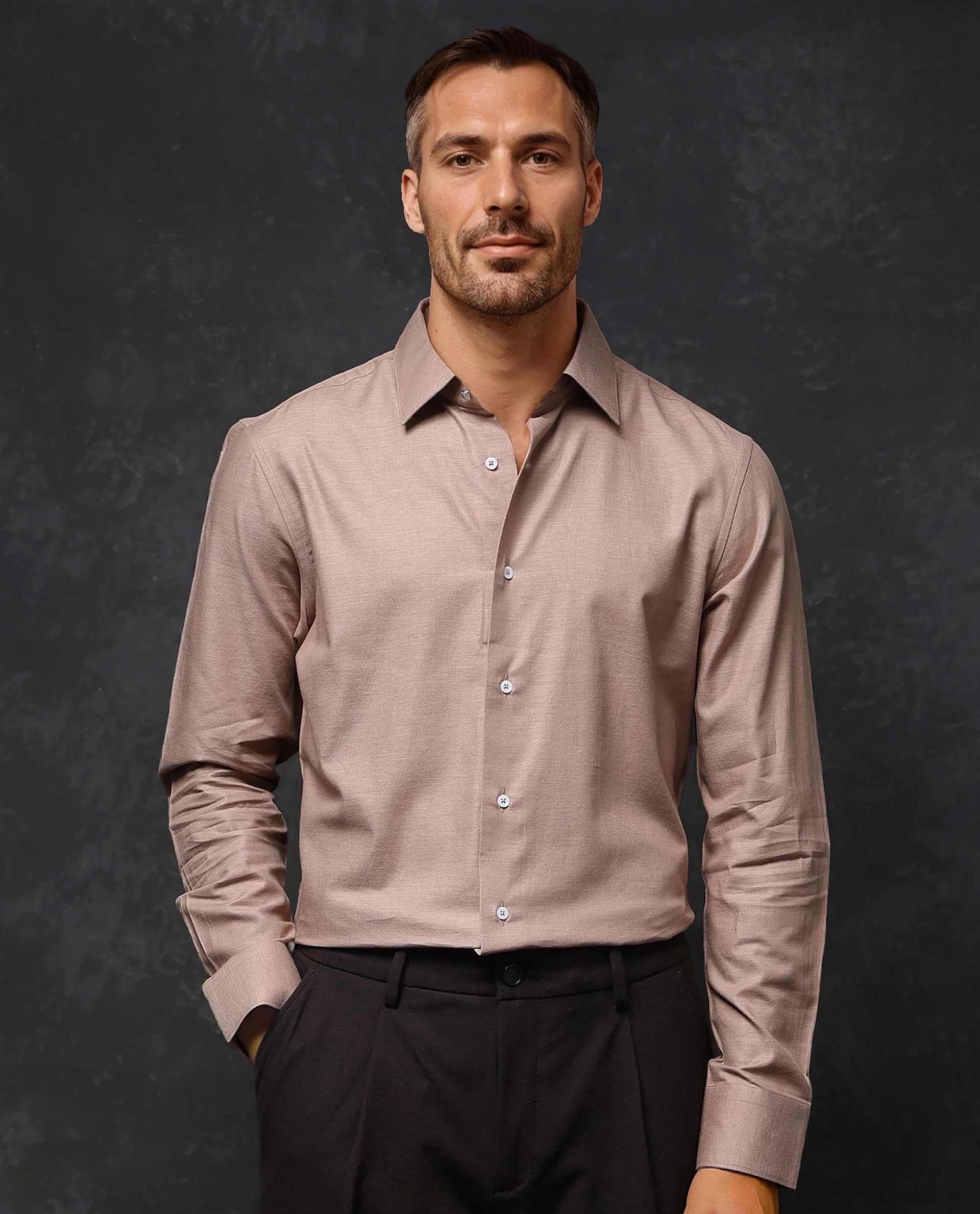 Rare Rabbit Men Forde Dusky Peach Cotton Melange Fabric Full Sleeve Regular Fit Solid Shirt