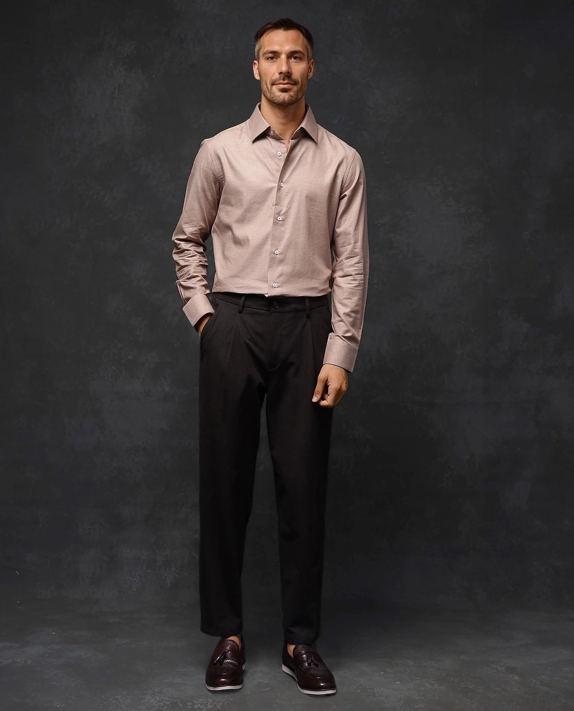 Rare Rabbit Men Forde Dusky Peach Cotton Melange Fabric Full Sleeve Regular Fit Solid Shirt