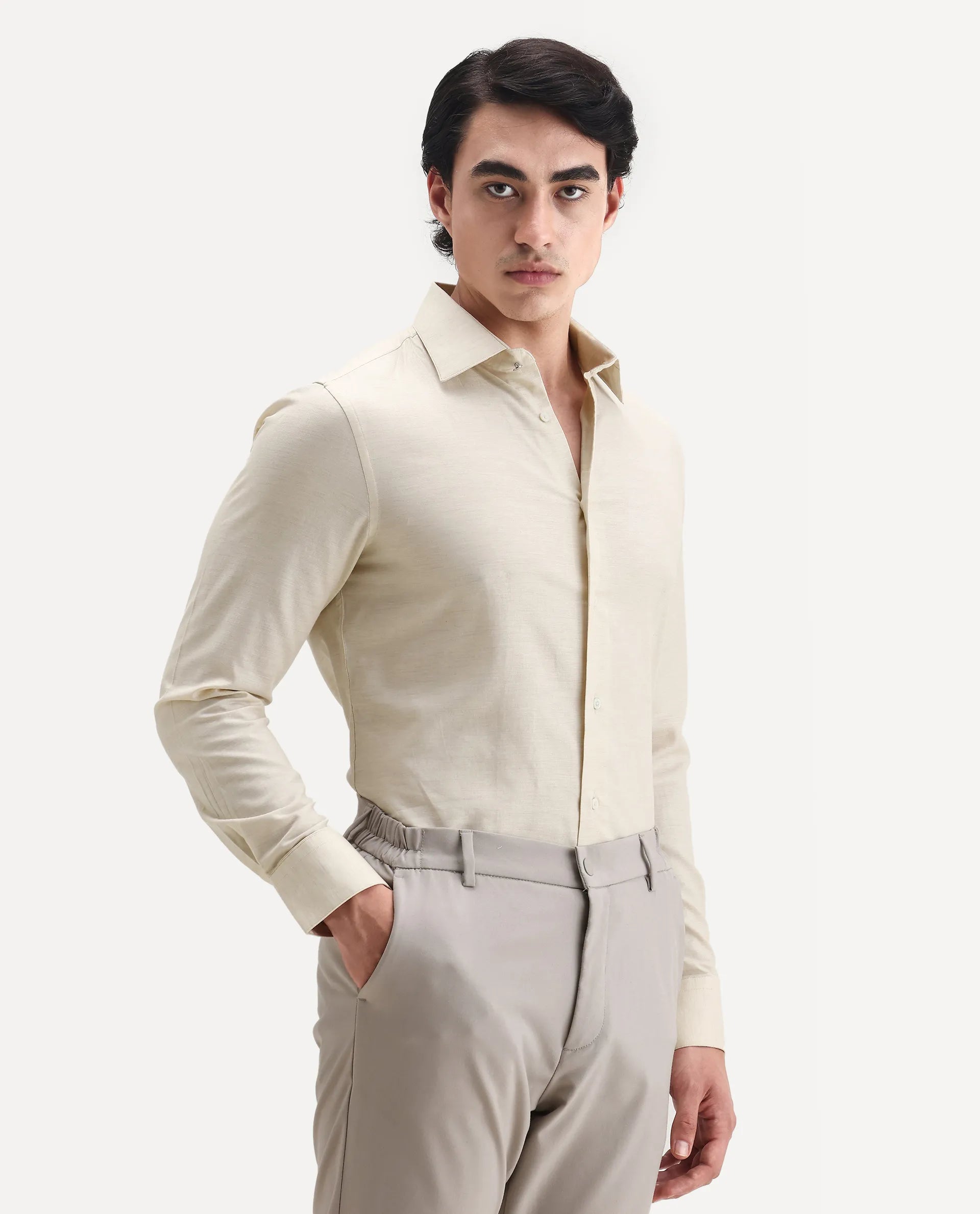 Rare Rabbit Men's Forde Off White Cotton Plain Regular Fit Full Sleeve Collared Shirt