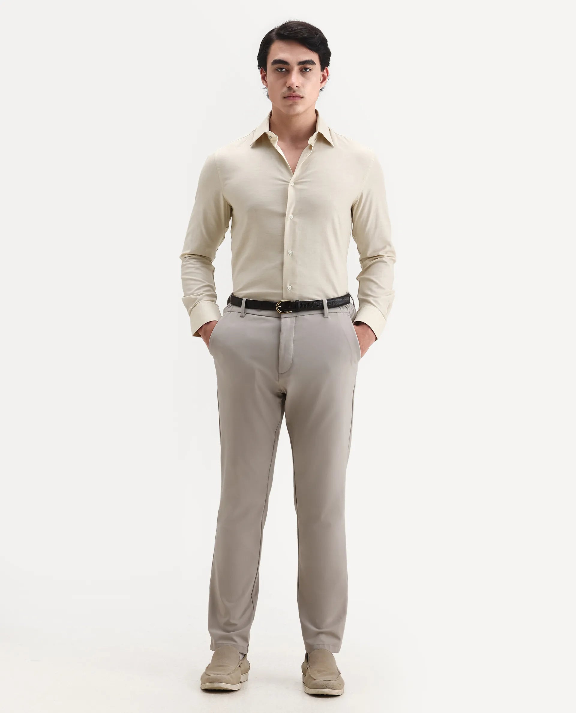 Rare Rabbit Men's Forde Off White Cotton Plain Regular Fit Full Sleeve Collared Shirt