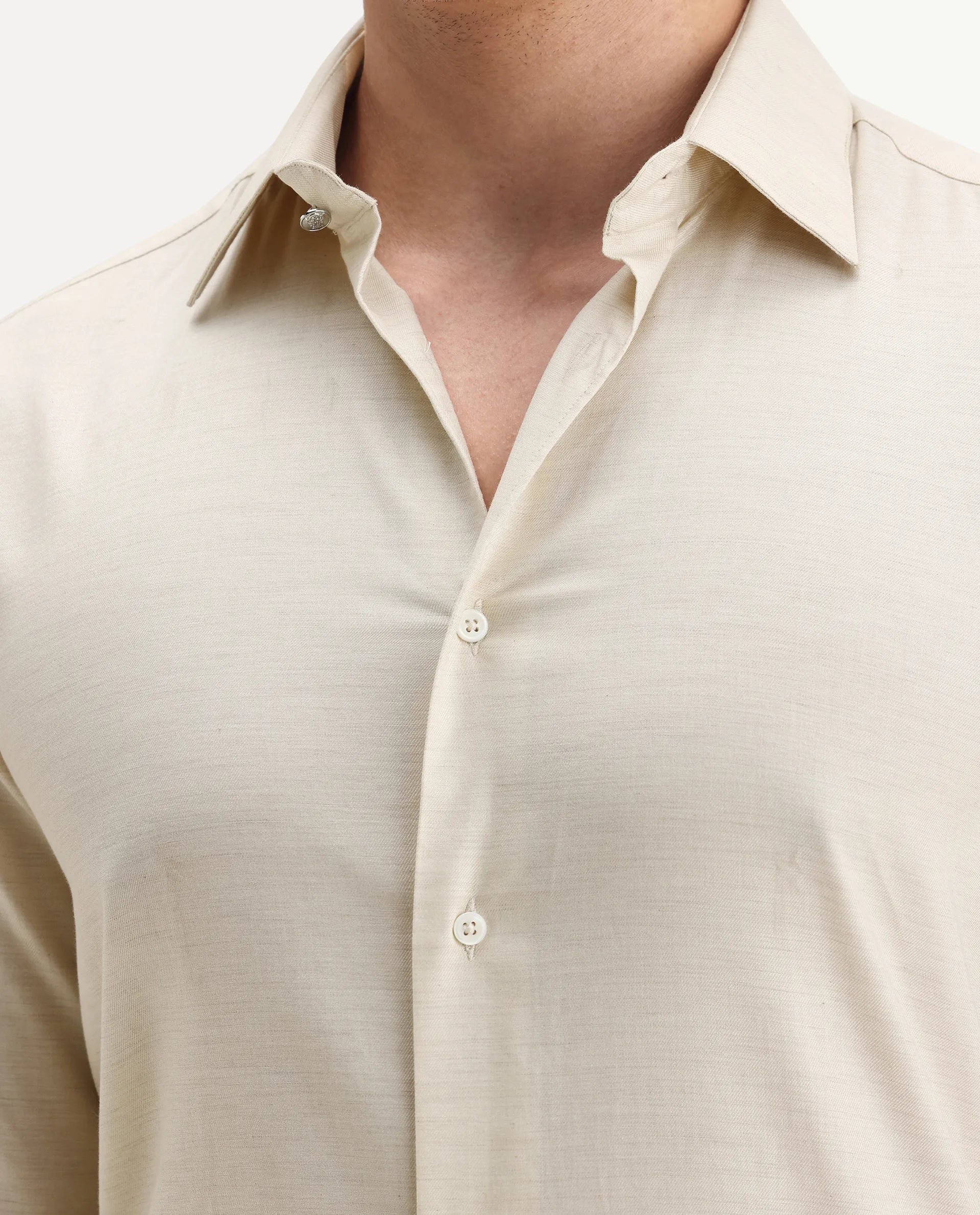 Rare Rabbit Men's Forde Off White Cotton Plain Regular Fit Full Sleeve Collared Shirt