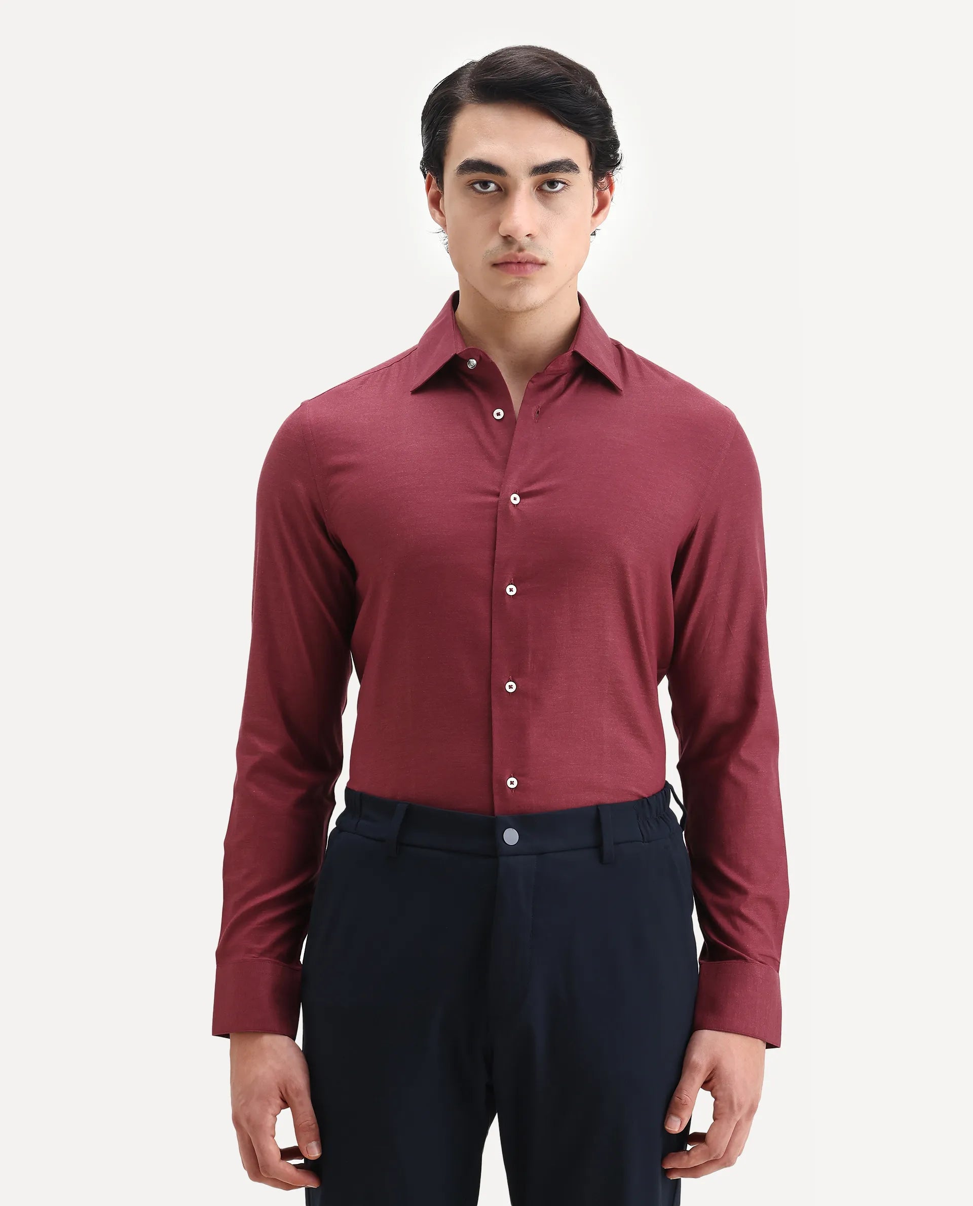 Rare Rabbit Men's Forde Red Cotton Plain Regular Fit Full Sleeve Collared Shirt