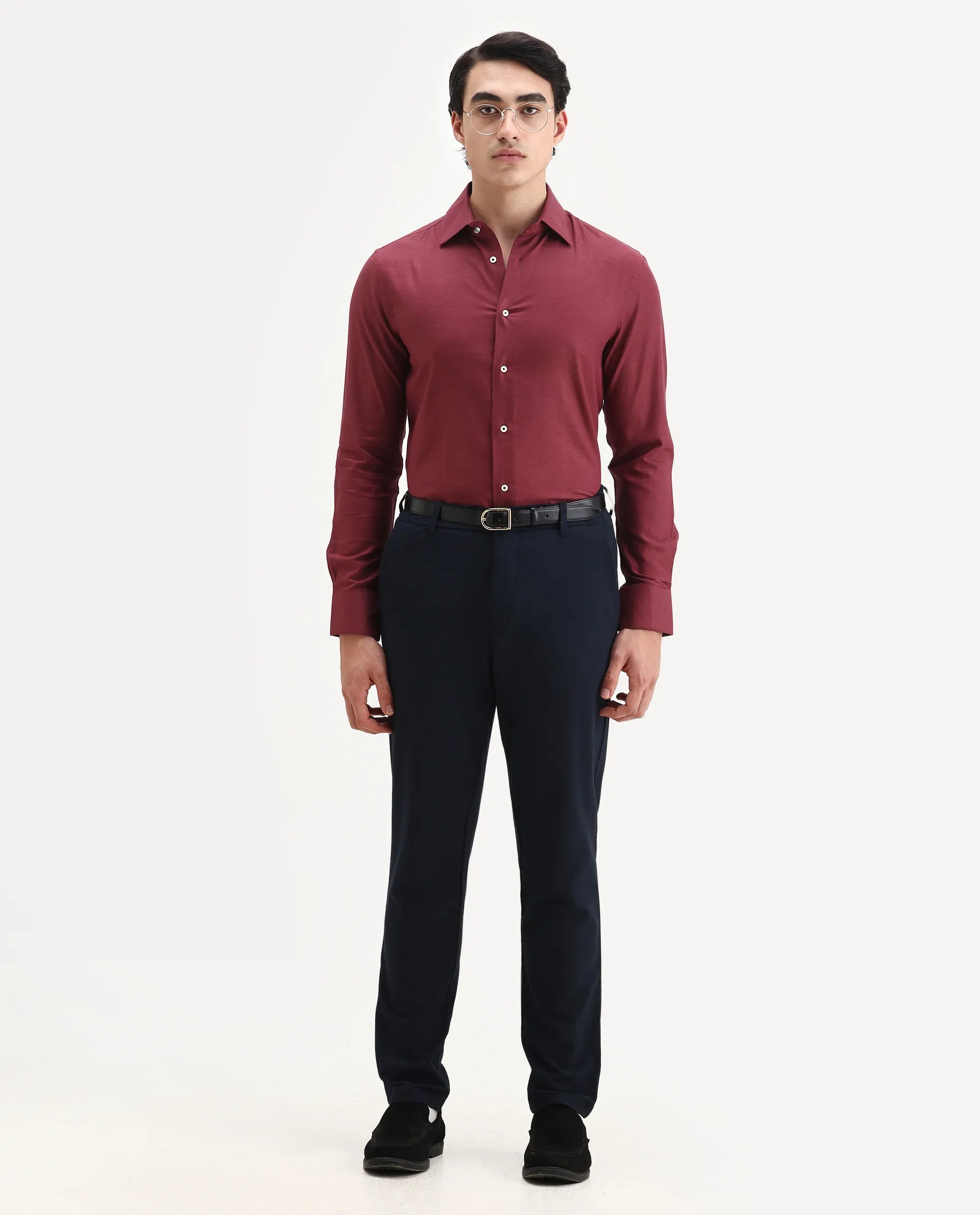 Rare Rabbit Men's Forde Red Cotton Plain Regular Fit Full Sleeve Collared Shirt