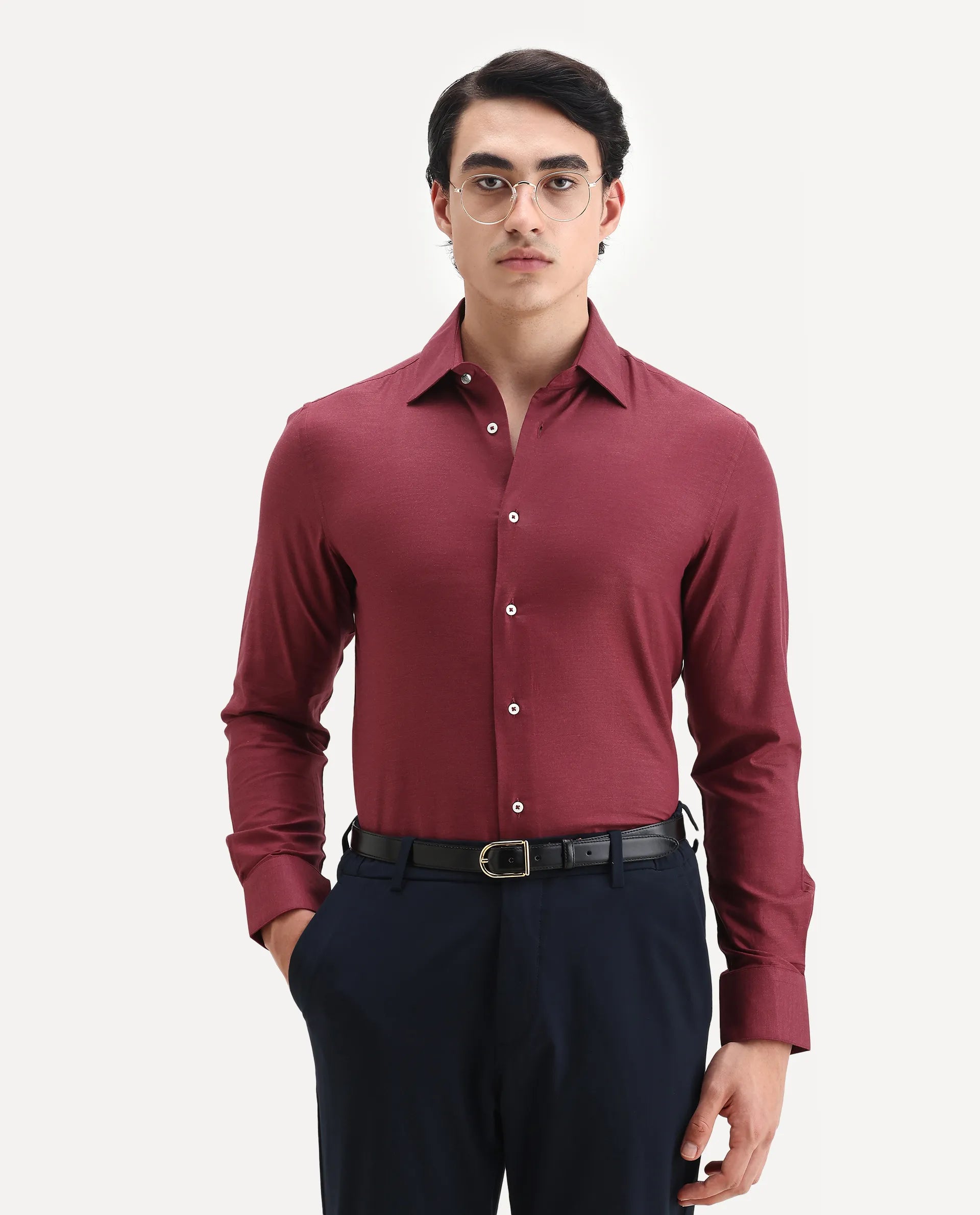 Rare Rabbit Men's Forde Red Cotton Plain Regular Fit Full Sleeve Collared Shirt