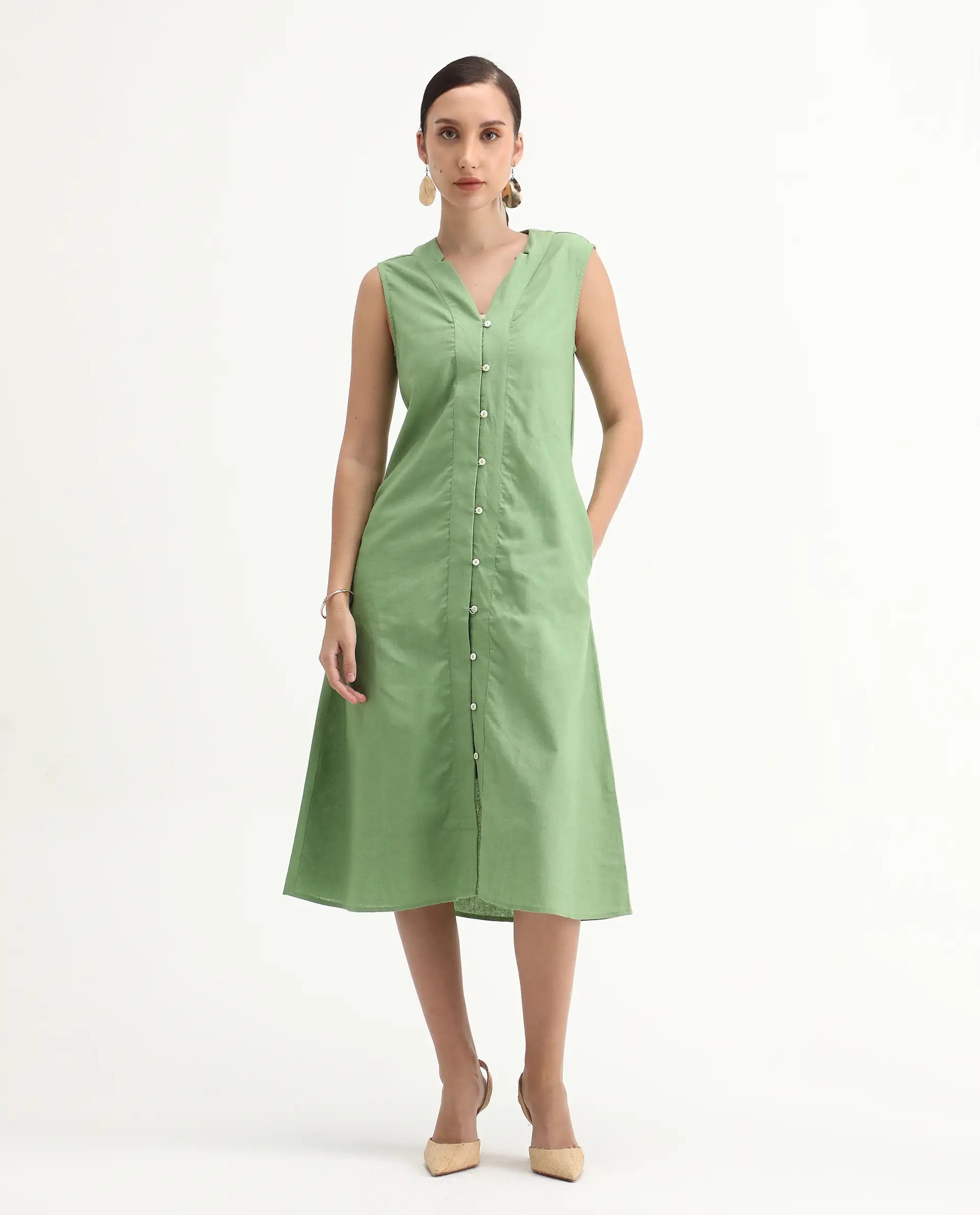 Rareism Women's Foream Pastel Green Cotton Blend V-Neck Plain Sleeveless Midi A-Line Dress