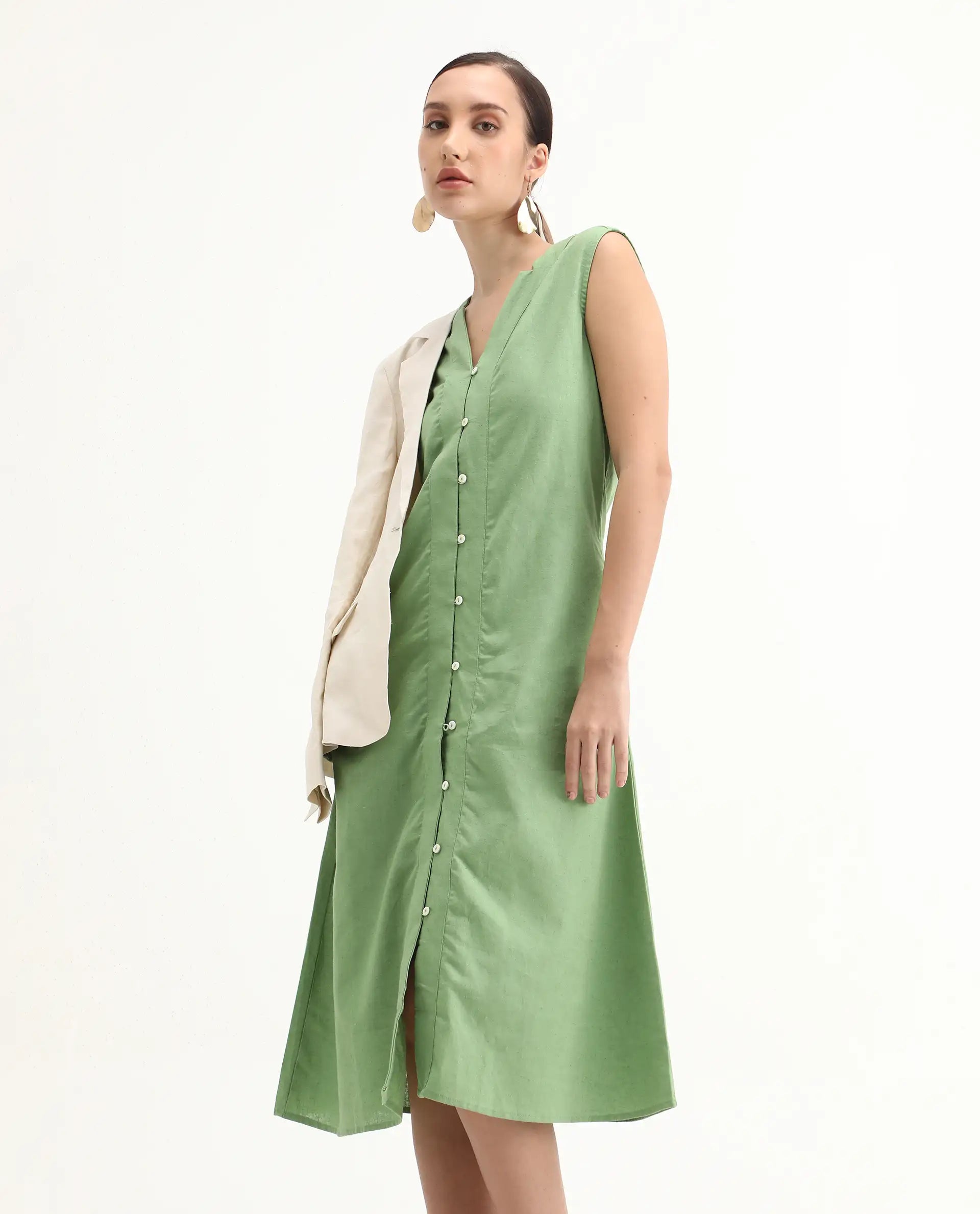 Rareism Women's Foream Pastel Green Cotton Blend V-Neck Plain Sleeveless Midi A-Line Dress