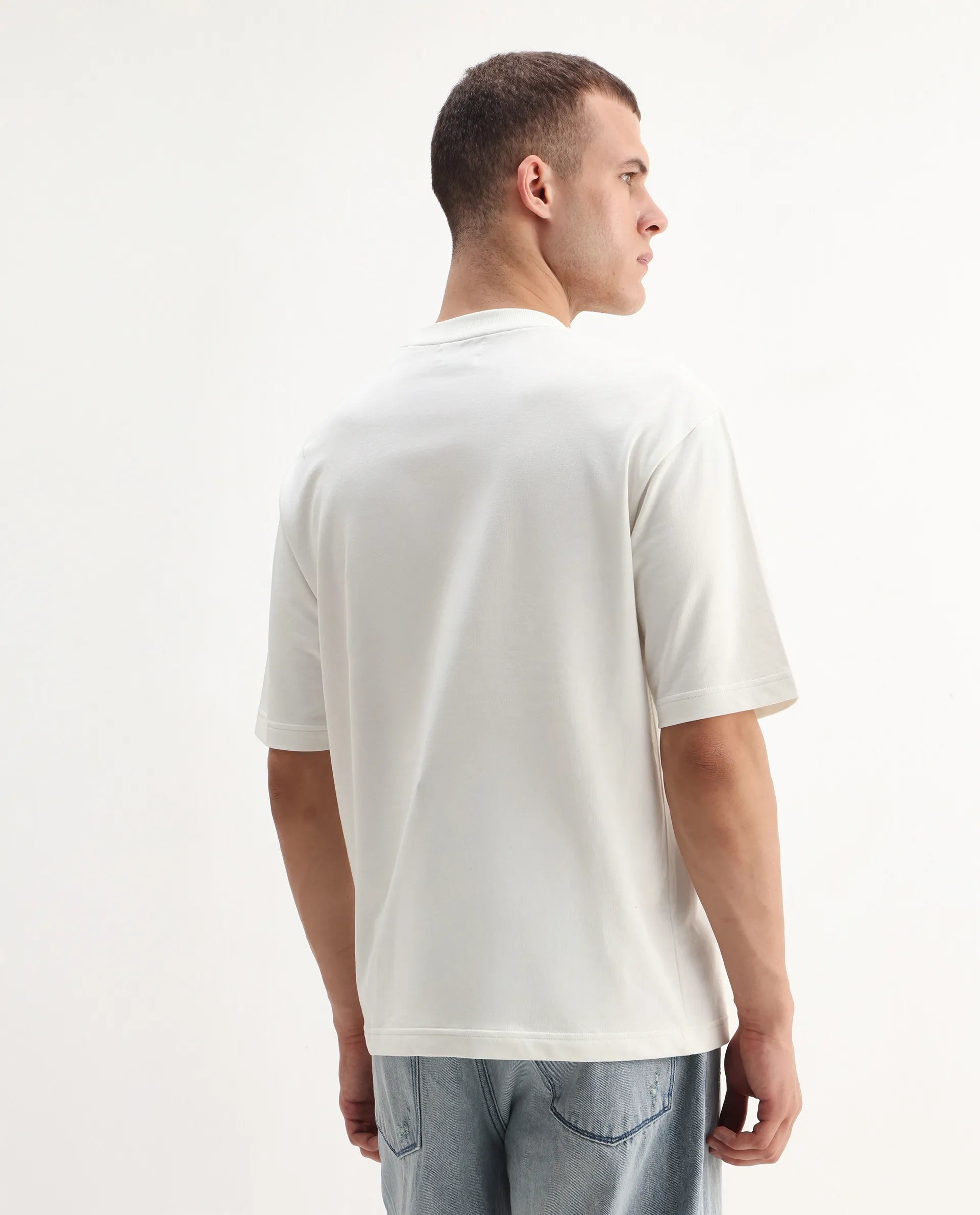 Rare Rabbit Men's Fore Off White Cotton Graphic Print Relaxed Fit Half Sleeve Crew Neck T-Shirt