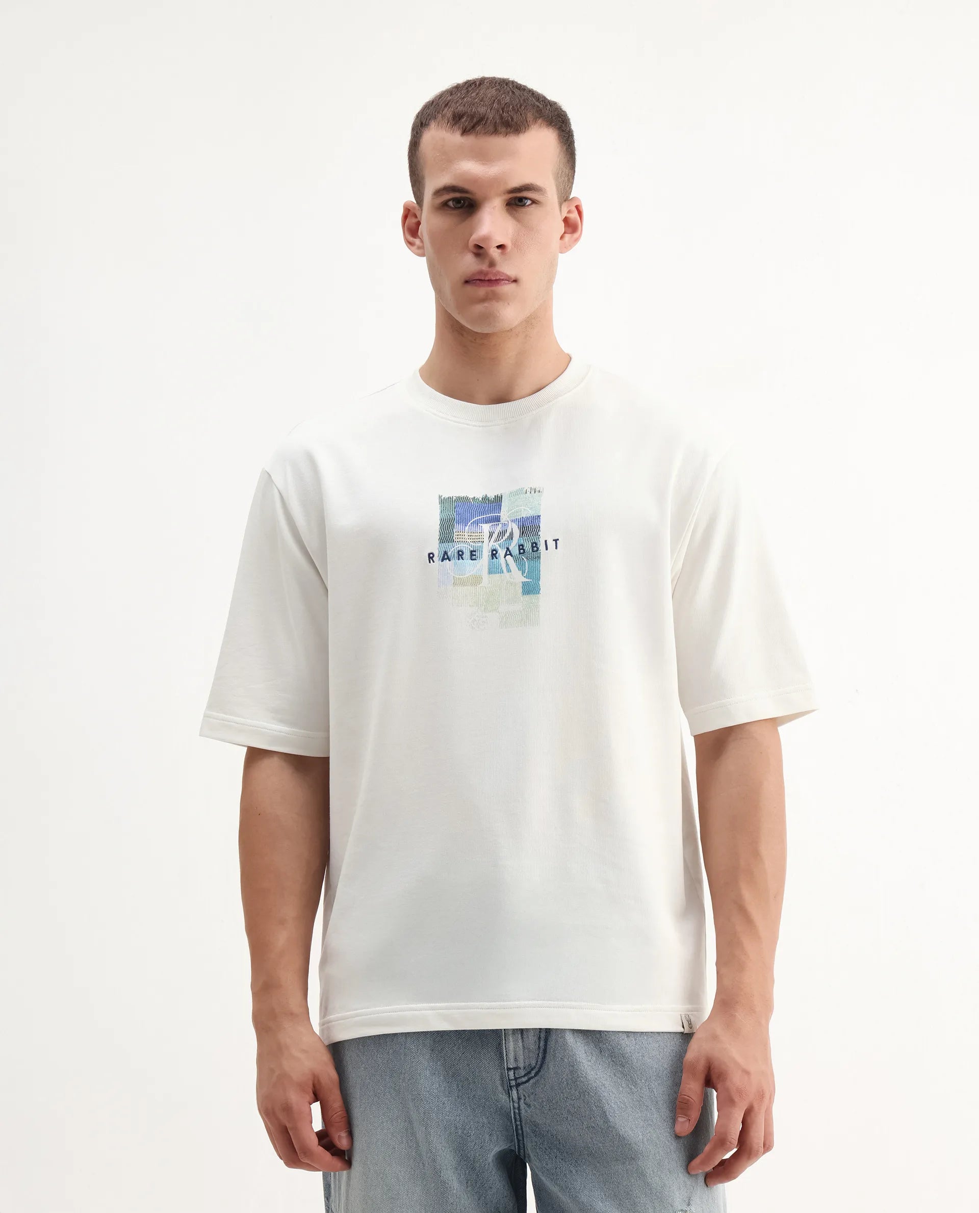 Rare Rabbit Men's Fore Off White Cotton Graphic Print Relaxed Fit Half Sleeve Crew Neck T-Shirt
