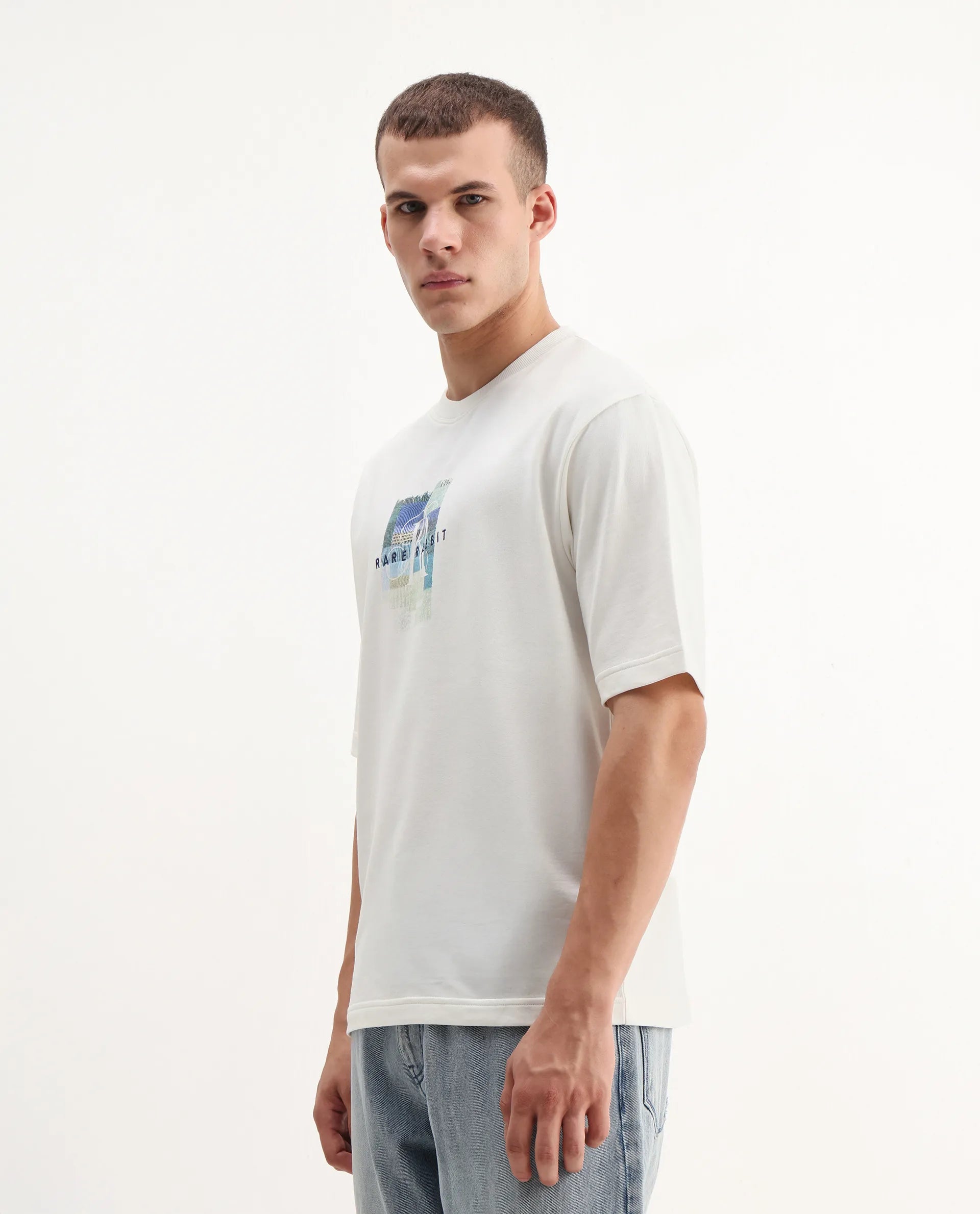 Rare Rabbit Men's Fore Off White Cotton Graphic Print Relaxed Fit Half Sleeve Crew Neck T-Shirt