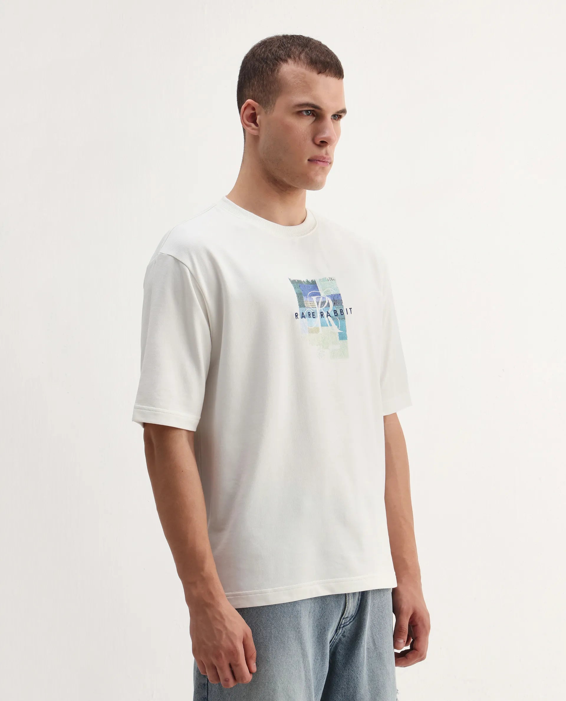 Rare Rabbit Men's Fore Off White Cotton Graphic Print Relaxed Fit Half Sleeve Crew Neck T-Shirt