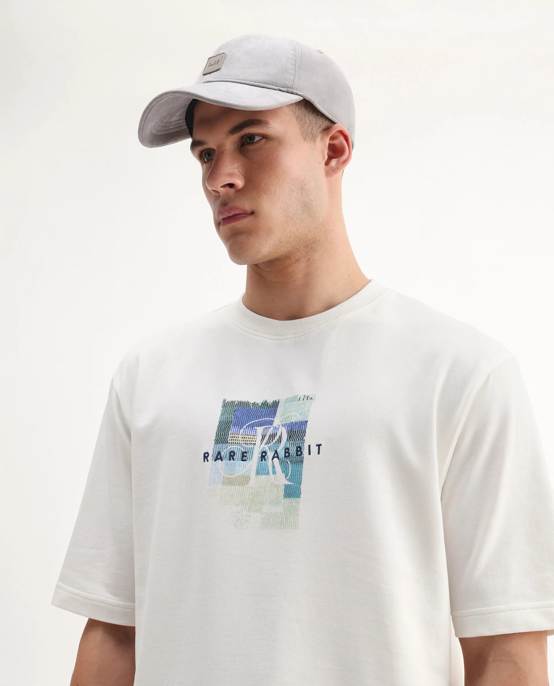 Rare Rabbit Men's Fore Off White Cotton Graphic Print Relaxed Fit Half Sleeve Crew Neck T-Shirt