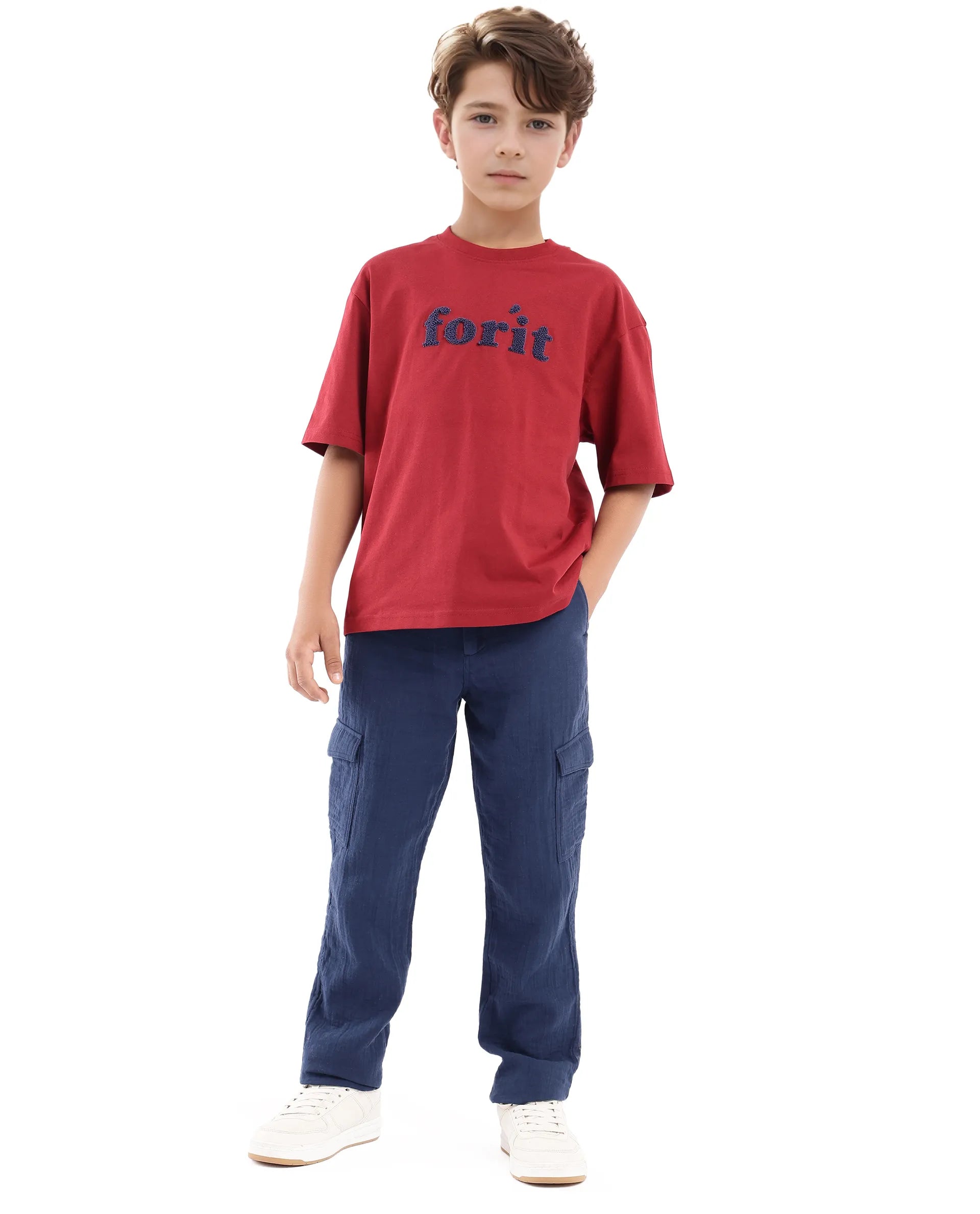 Rare Ones Kids Forit Dark Red Cotton Half Sleeves Crew Neck Towel Embroidered T-Shirt