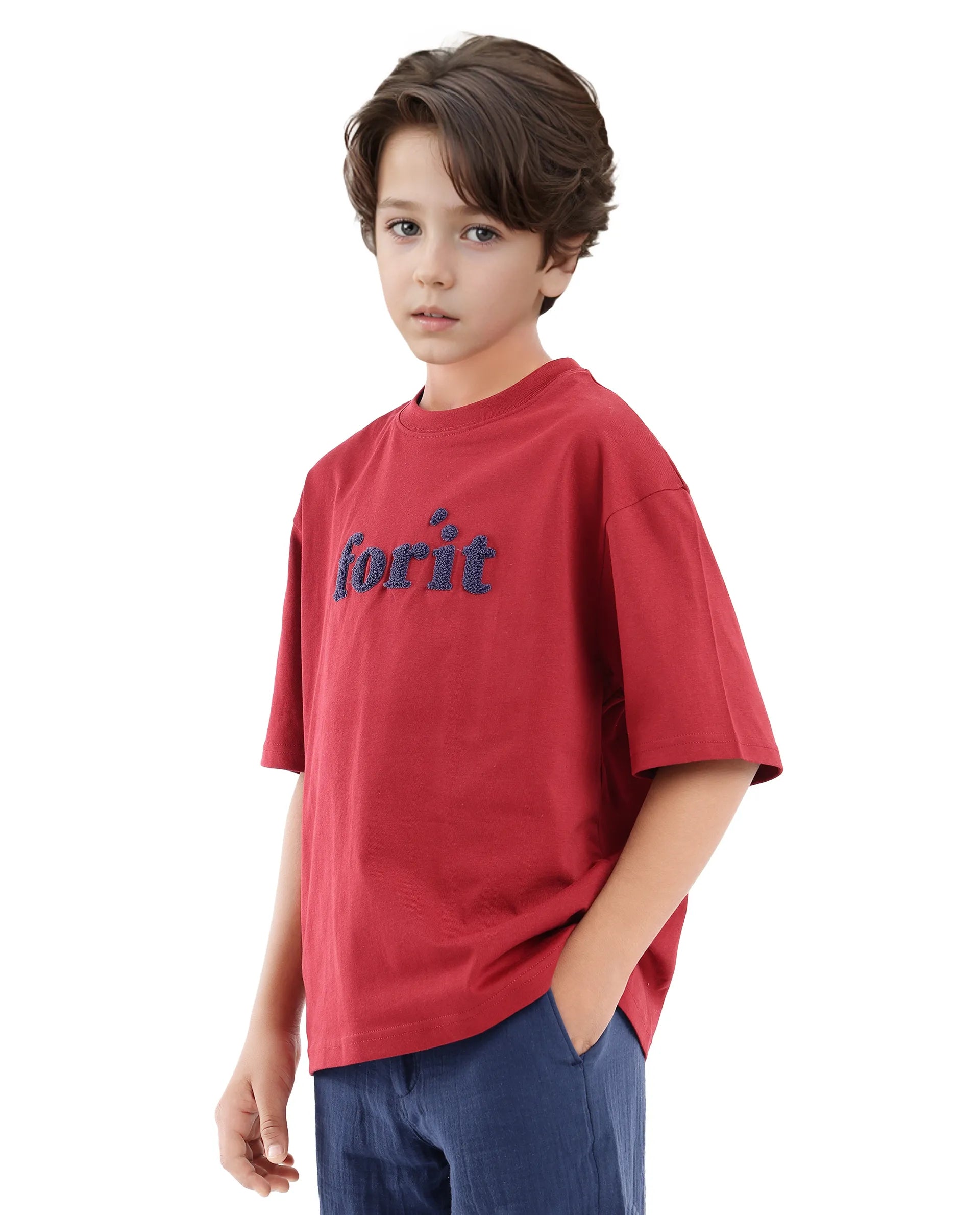 Rare Ones Kids Forit Dark Red Cotton Half Sleeves Crew Neck Towel Embroidered T-Shirt