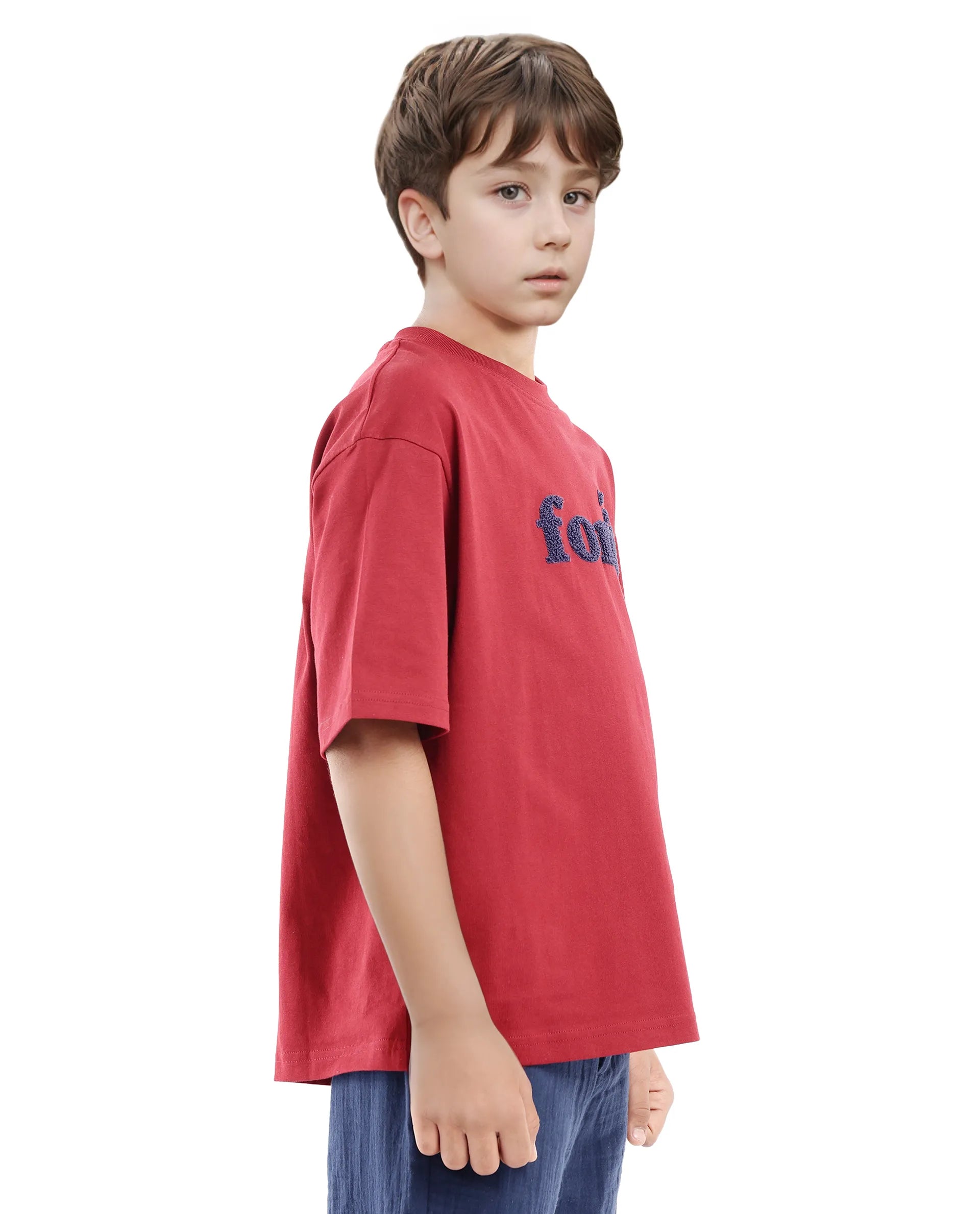 Rare Ones Kids Forit Dark Red Cotton Half Sleeves Crew Neck Towel Embroidered T-Shirt