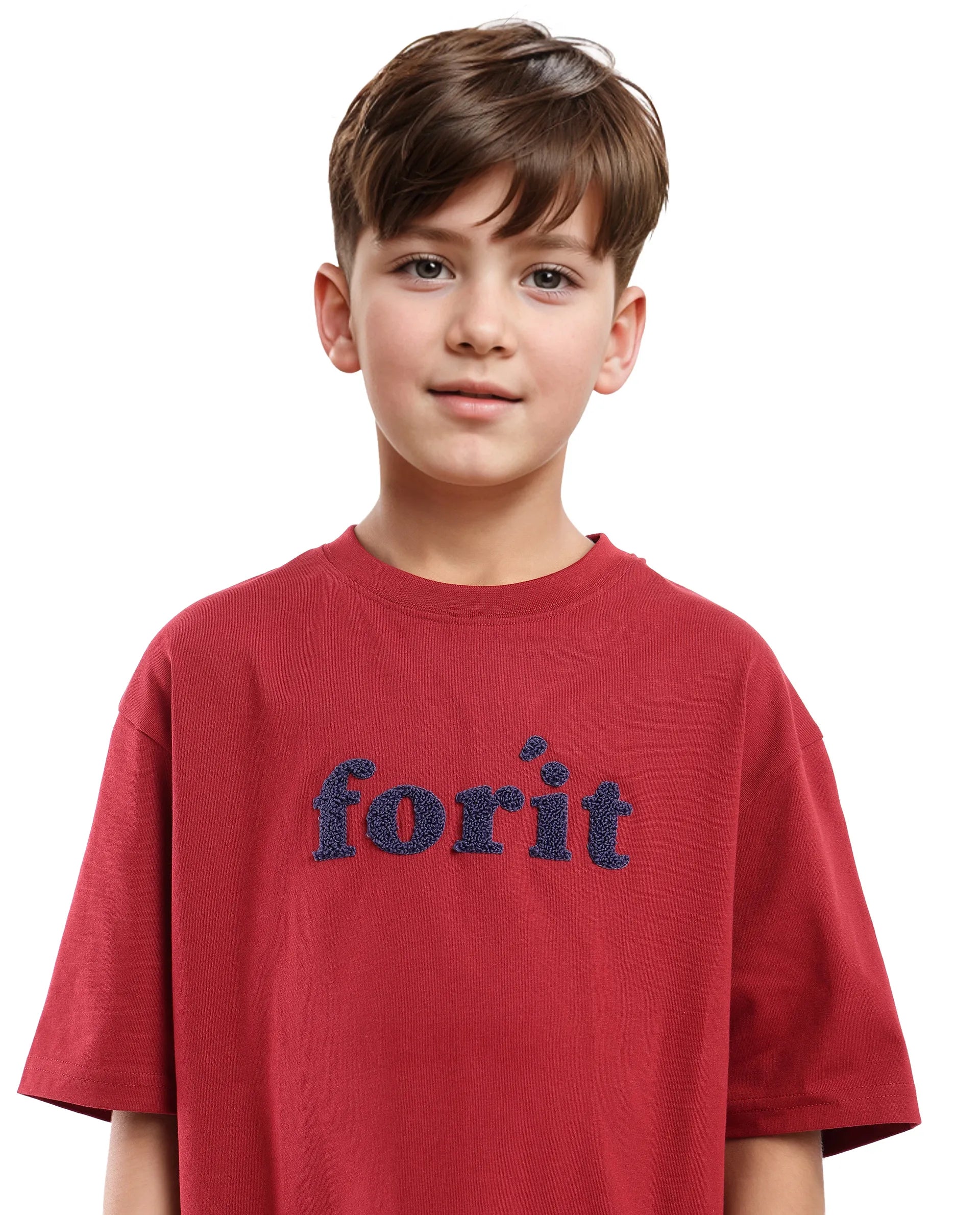 Rare Ones Kids Forit Dark Red Cotton Half Sleeves Crew Neck Towel Embroidered T-Shirt