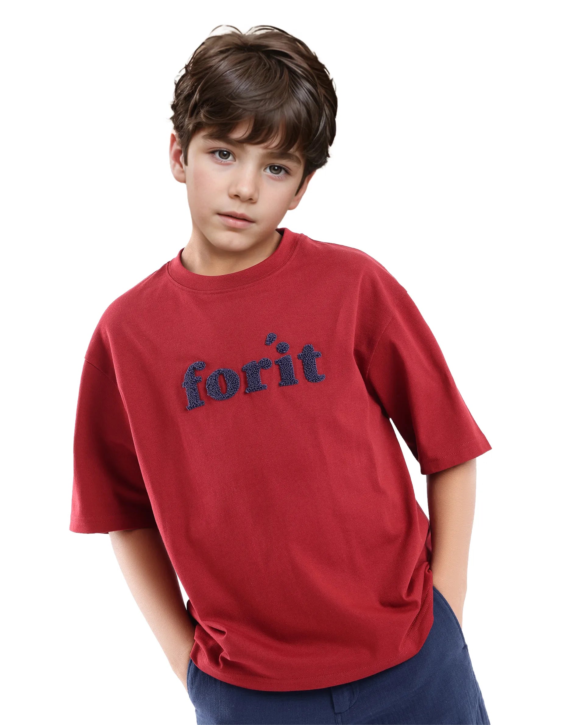 Rare Ones Kids Forit Dark Red Cotton Half Sleeves Crew Neck Towel Embroidered T-Shirt