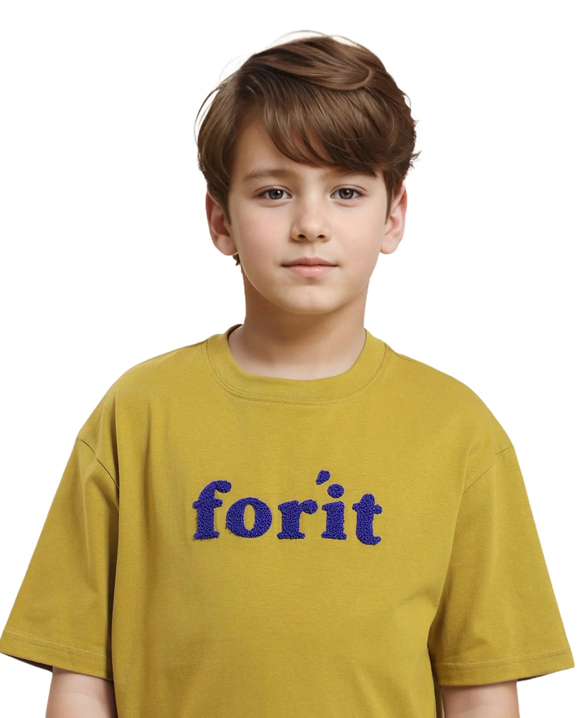 Rare Ones Kids Forit Fluorescent Green Cotton Half Sleeves Crew Neck Towel Embroidered T-Shirt