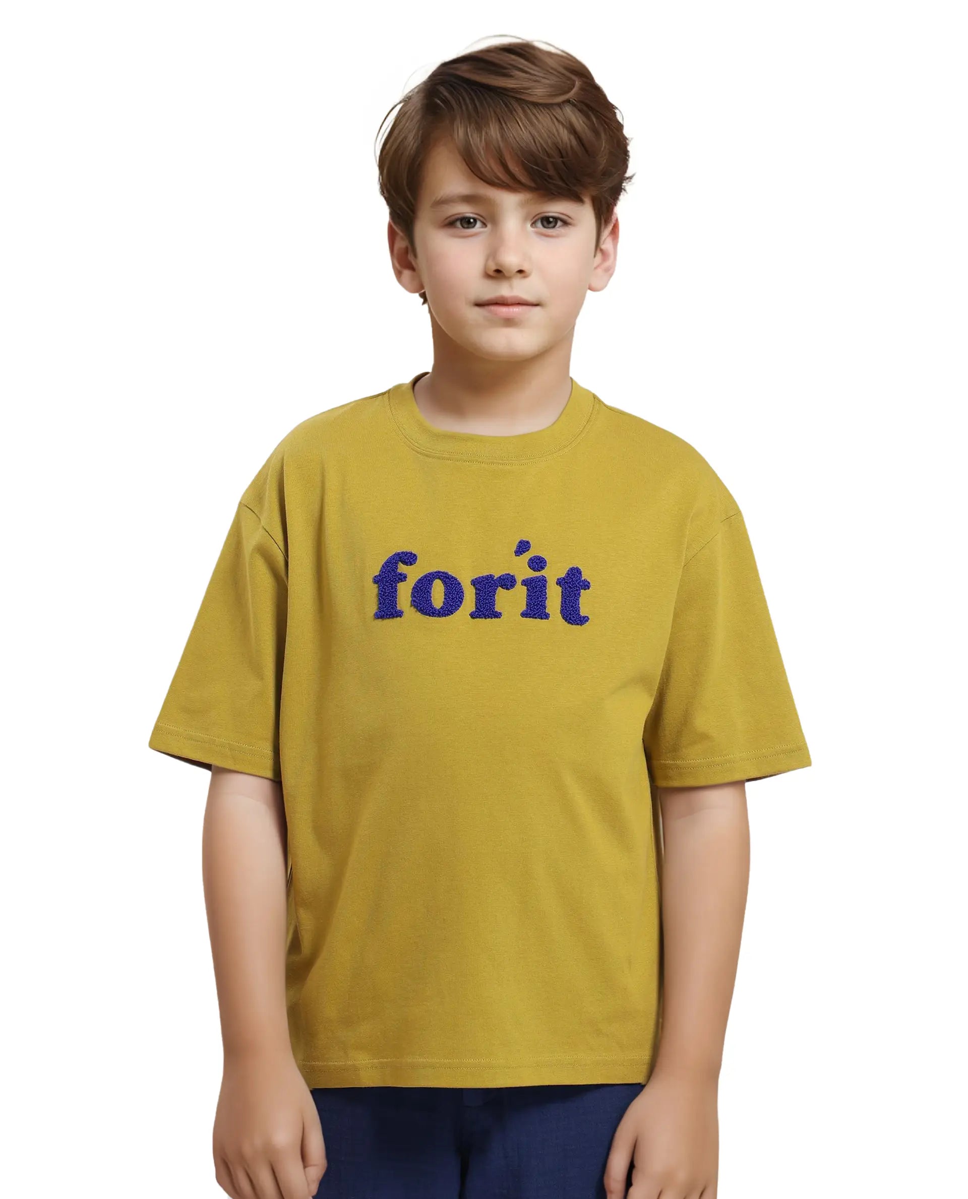 Rare Ones Kids Forit Fluorescent Green Cotton Half Sleeves Crew Neck Towel Embroidered T-Shirt