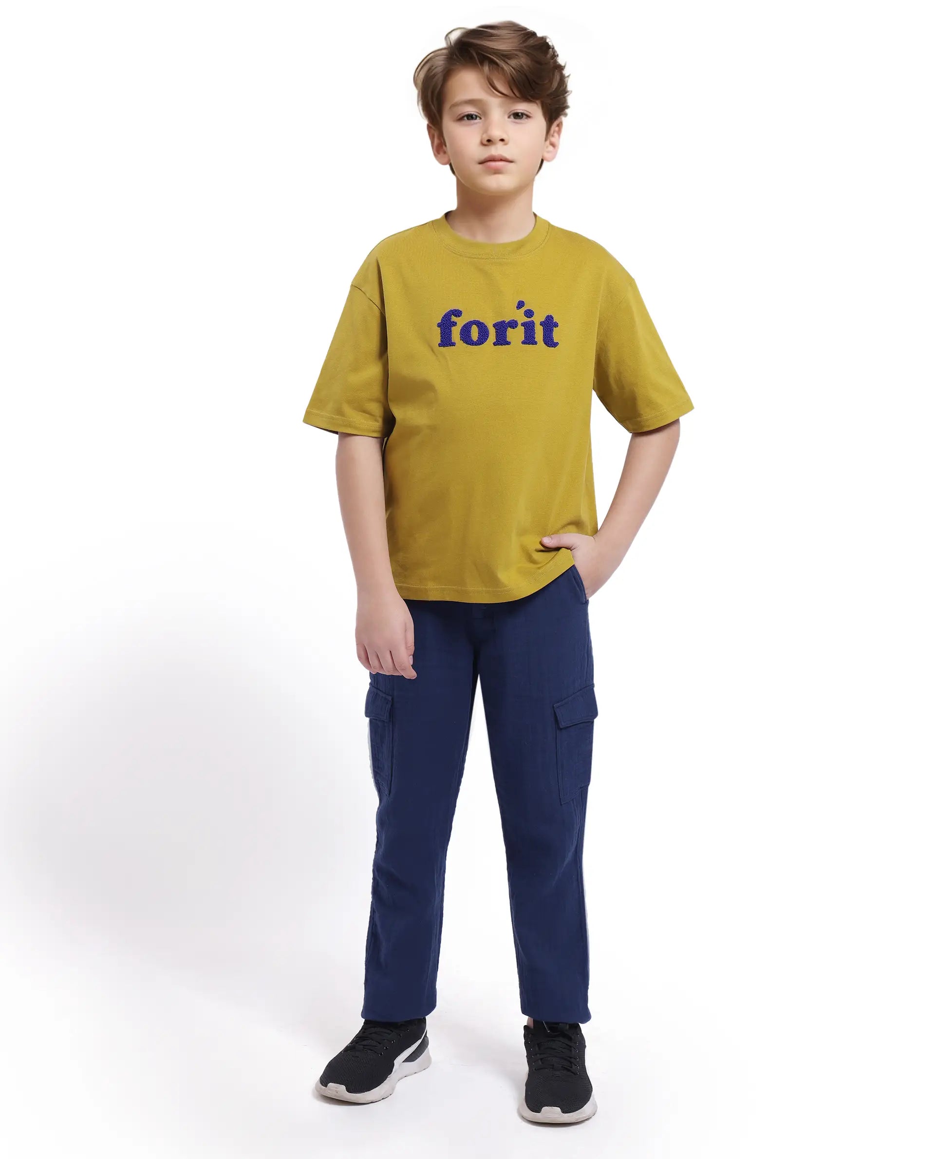 Rare Ones Kids Forit Fluorescent Green Cotton Half Sleeves Crew Neck Towel Embroidered T-Shirt