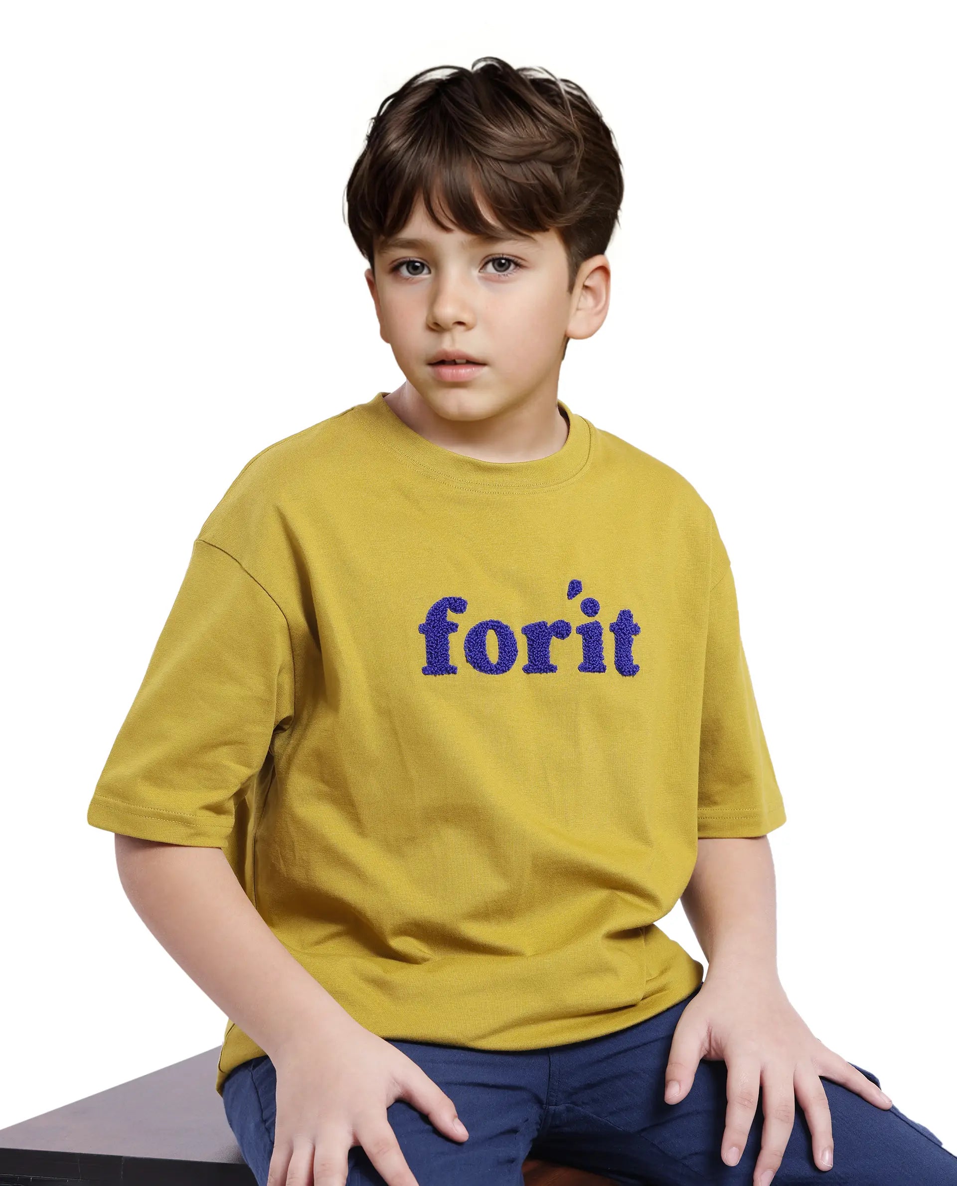 Rare Ones Kids Forit Fluorescent Green Cotton Half Sleeves Crew Neck Towel Embroidered T-Shirt