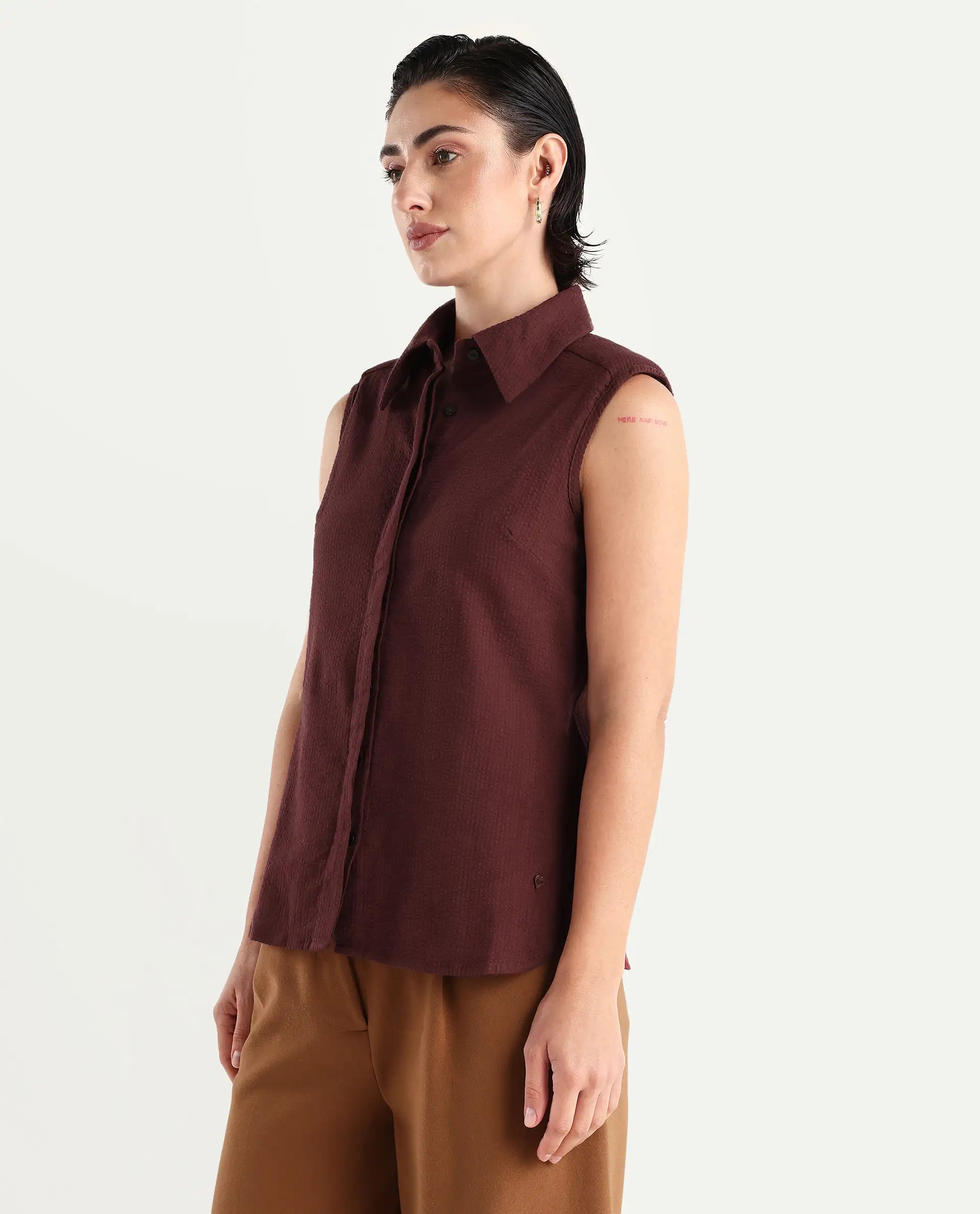 Rareism Women's Forli Brown Cotton Blend Drop Collar Plain Sleeveless Regular Fit Shirt