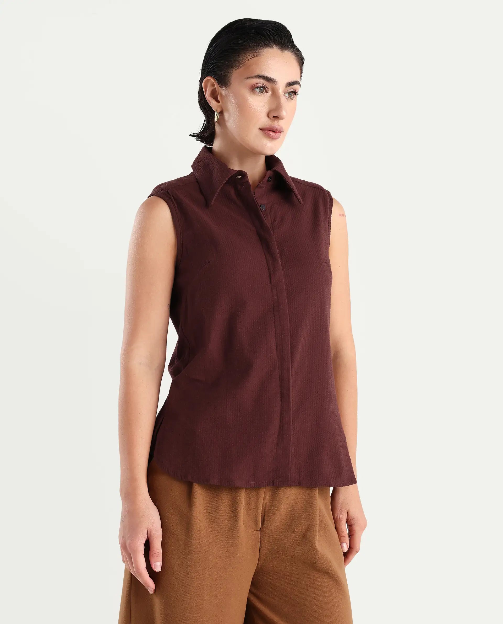 Rareism Women's Forli Brown Cotton Blend Drop Collar Plain Sleeveless Regular Fit Shirt