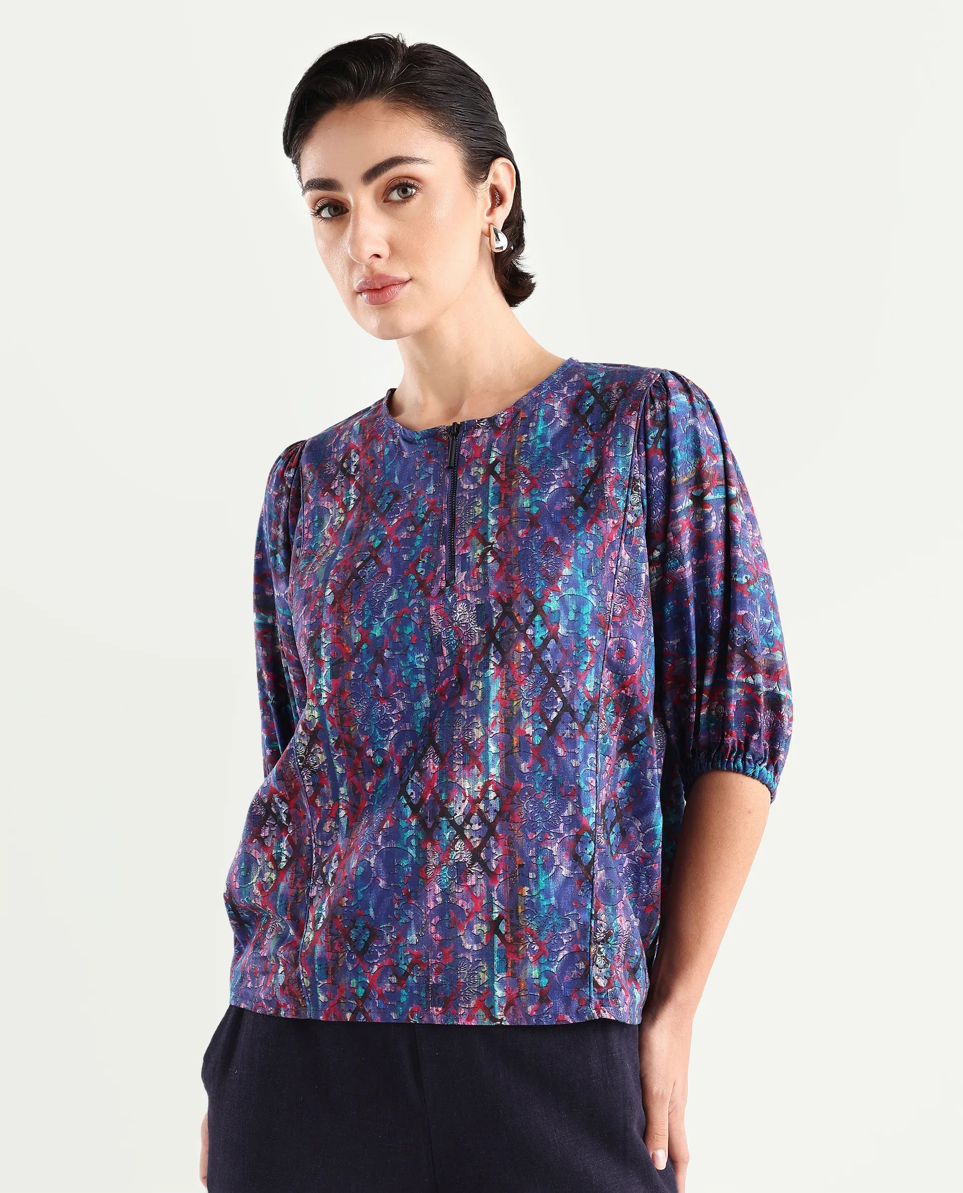 Rareism Women's Forli Multi Cotton Blend Crew Neck Abstract Print Kimono Sleeve Regular Fit Top