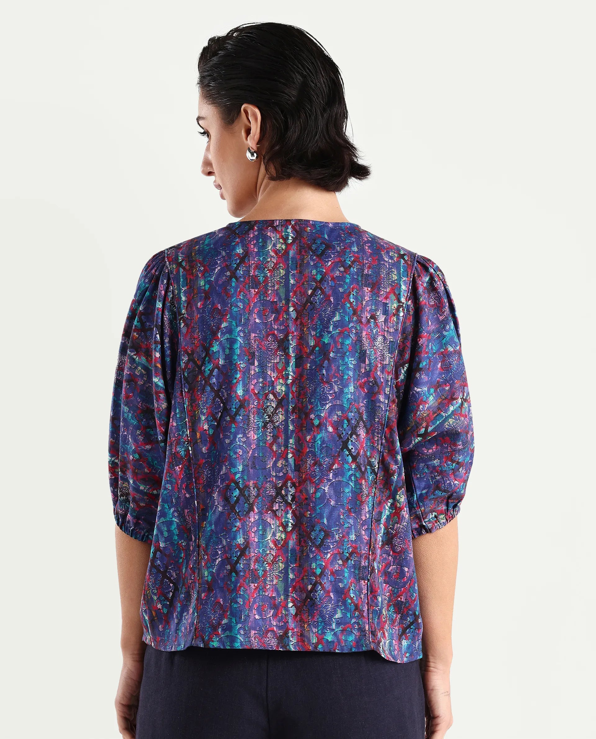 Rareism Women's Forli Multi Cotton Blend Crew Neck Abstract Print Kimono Sleeve Regular Fit Top