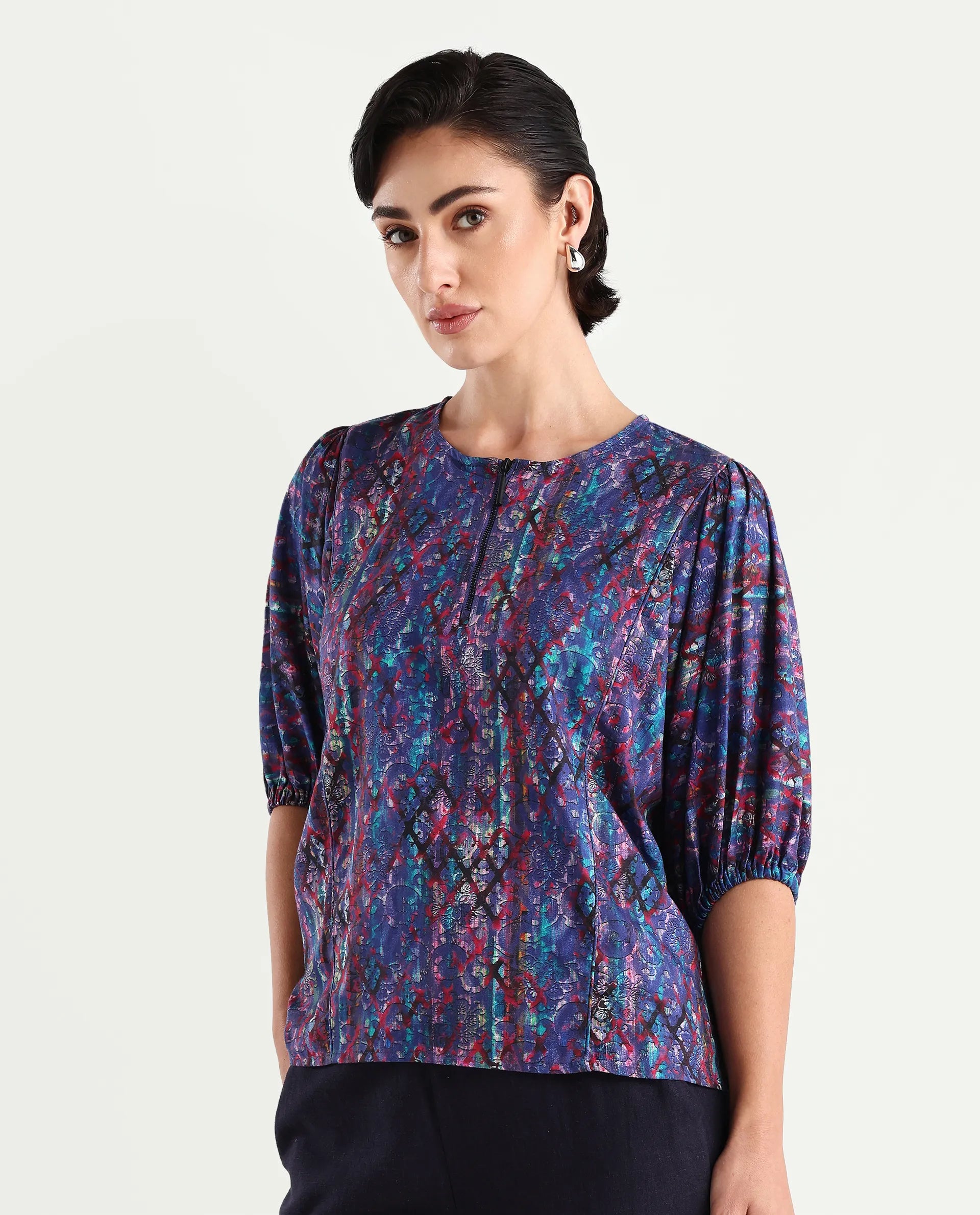 Rareism Women's Forli Multi Cotton Blend Crew Neck Abstract Print Kimono Sleeve Regular Fit Top