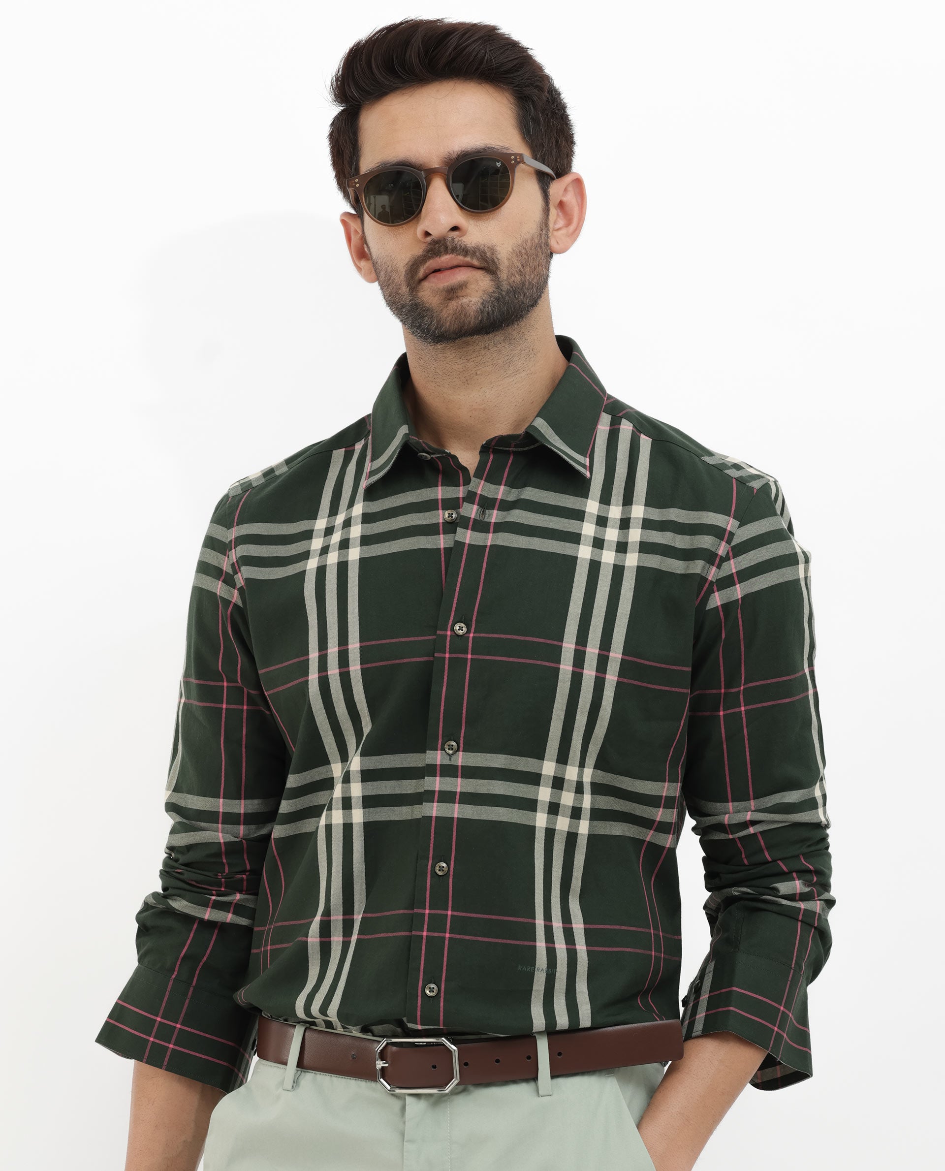 Rare Rabbit Mens Forman Dark Green Full Sleeve Cotton Checks Print Shirt