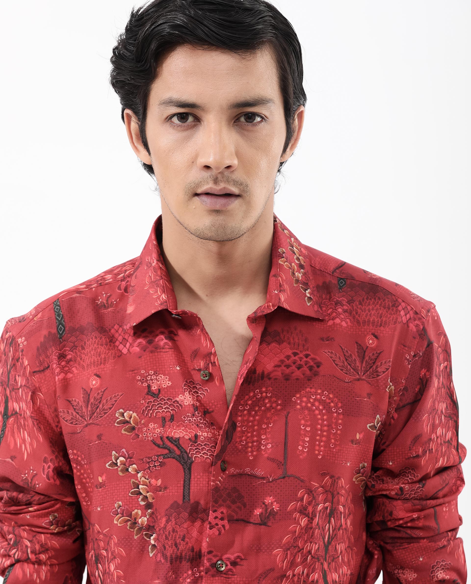 Rare Rabbit Mens Fornia Red Full Sleeve Regular Fit Floral Print Shirt