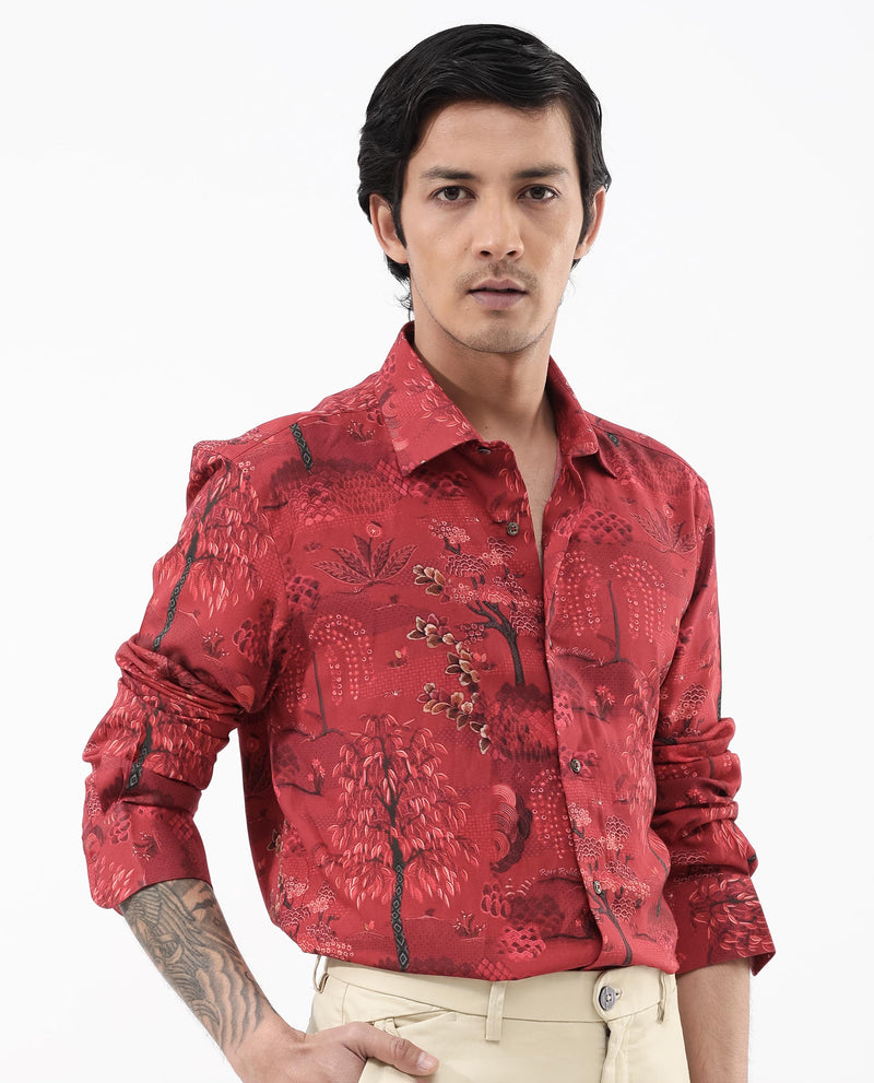 Rare Rabbit Mens Fornia Red Full Sleeve Regular Fit Floral Print Shirt