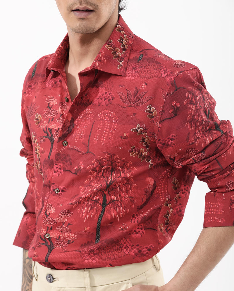 Rare Rabbit Mens Fornia Red Full Sleeve Regular Fit Floral Print Shirt