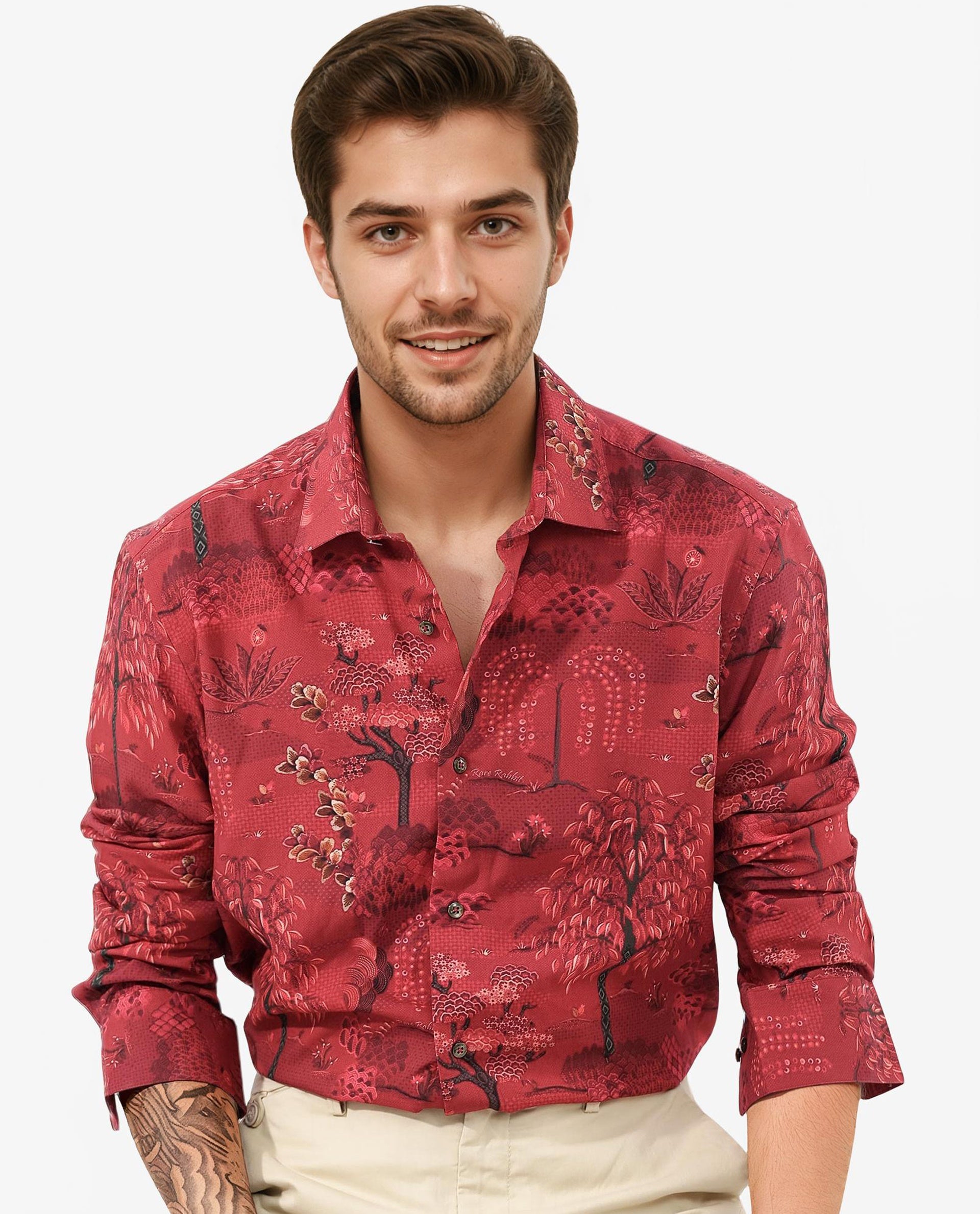 Rare Rabbit Mens Fornia Red Full Sleeve Regular Fit Floral Print Shirt