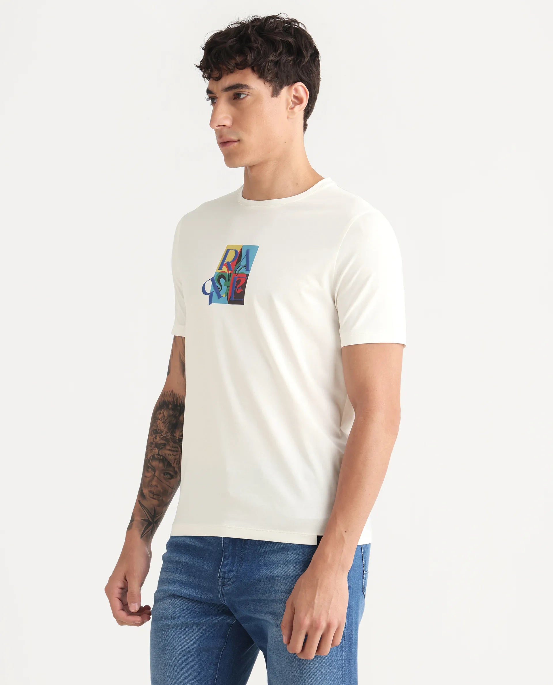 Rare Rabbit Men's For Off White Cotton Blend Fabric Crew Neck Regular Graphic Print T-Shirt