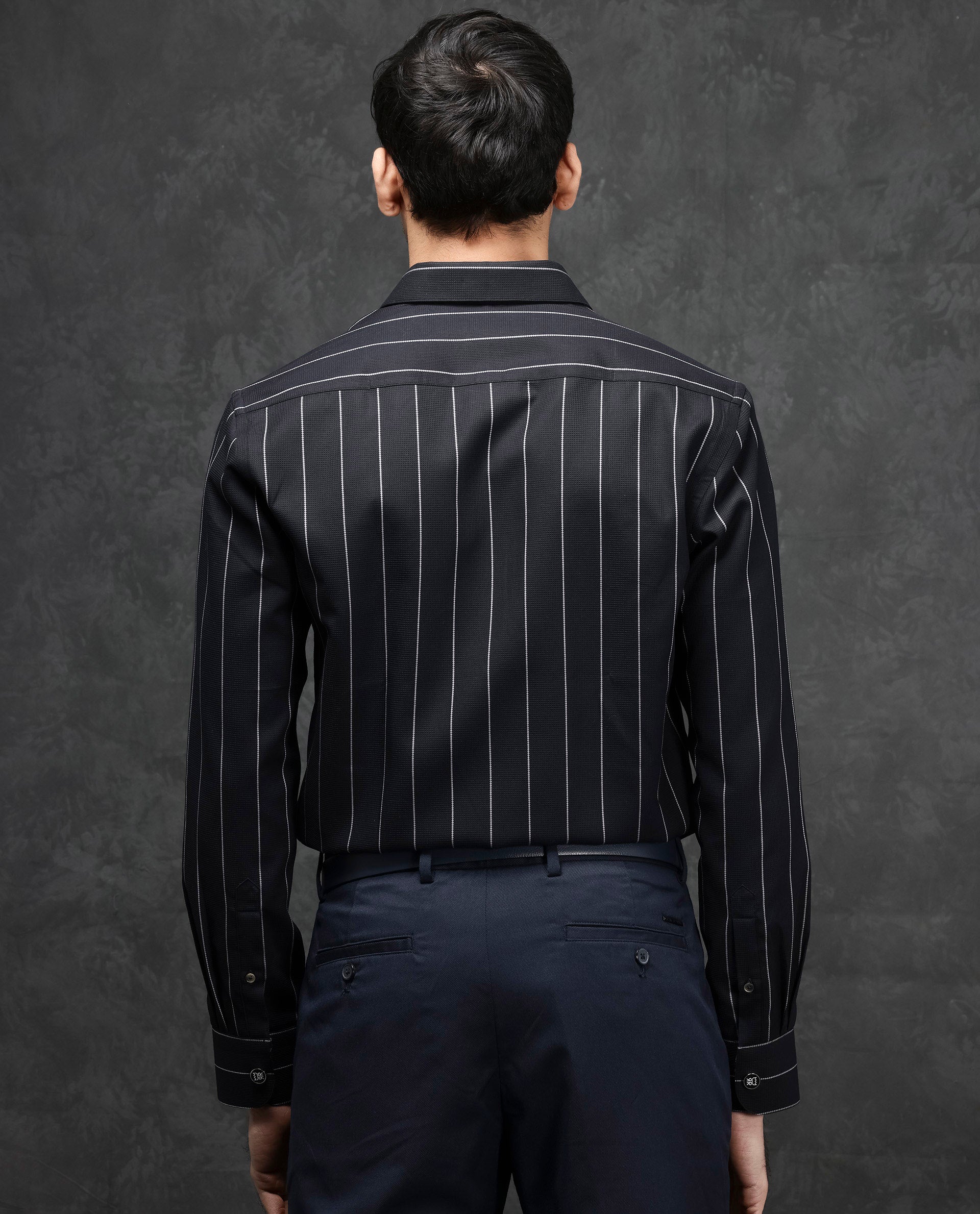 Rare Rabbit Mens Forty Black Cotton Fabric Full Sleeve Regular Fit Self Stripe Dobby Shirt