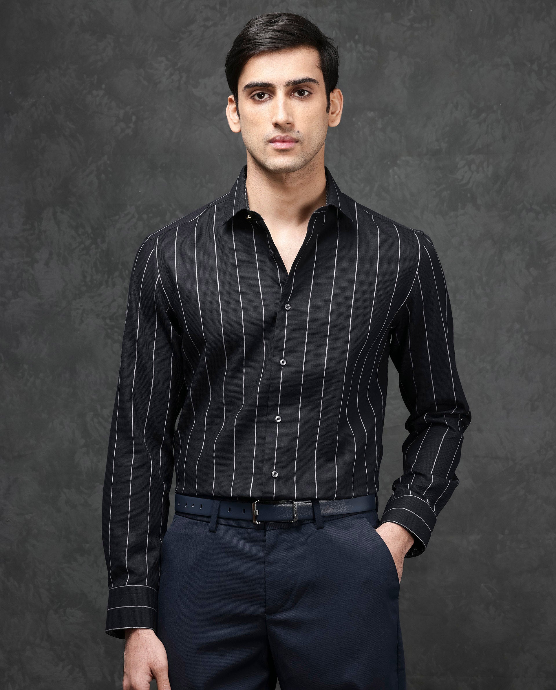 Rare Rabbit Mens Forty Black Cotton Fabric Full Sleeve Regular Fit Self Stripe Dobby Shirt