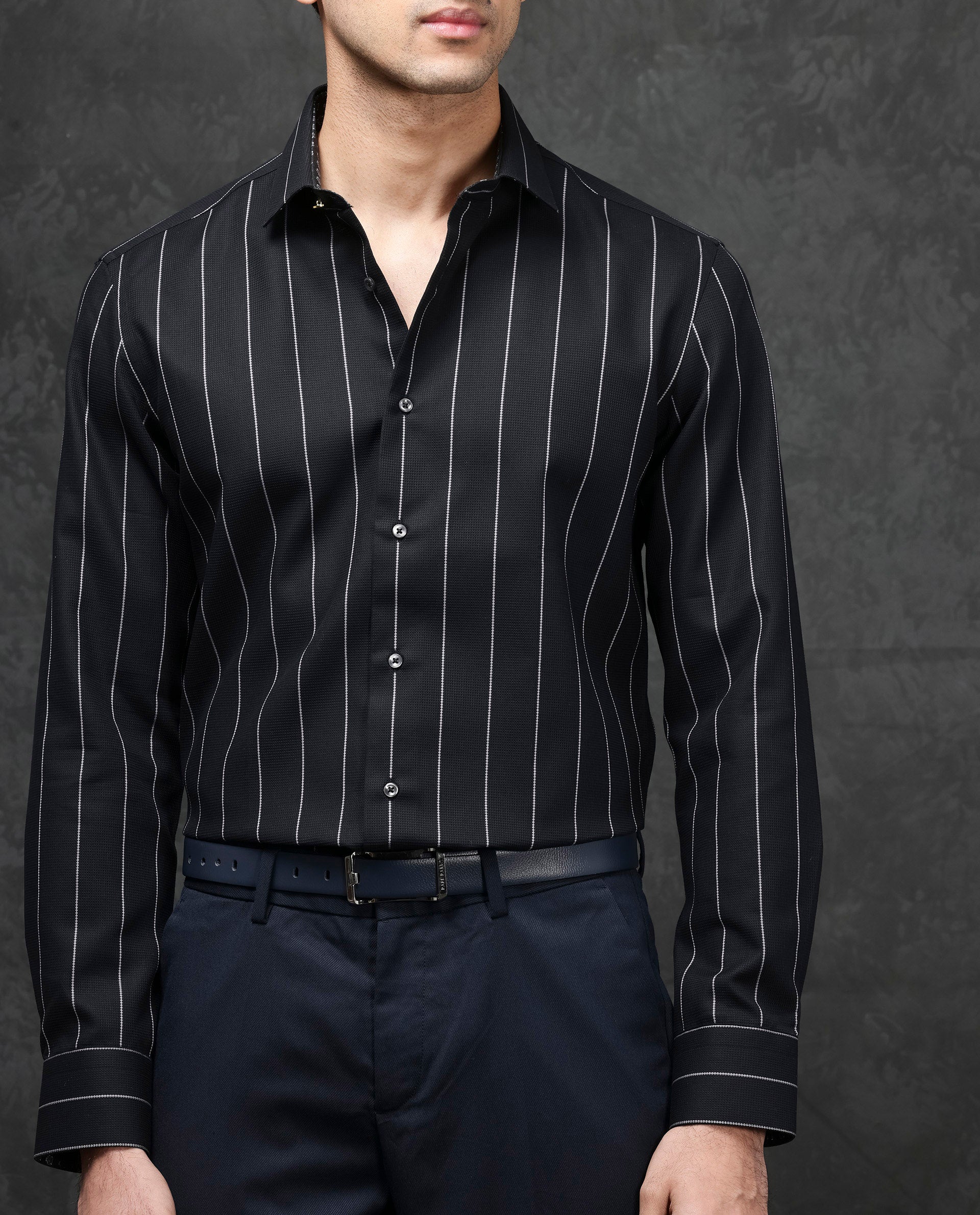 Rare Rabbit Mens Forty Black Cotton Fabric Full Sleeve Regular Fit Self Stripe Dobby Shirt