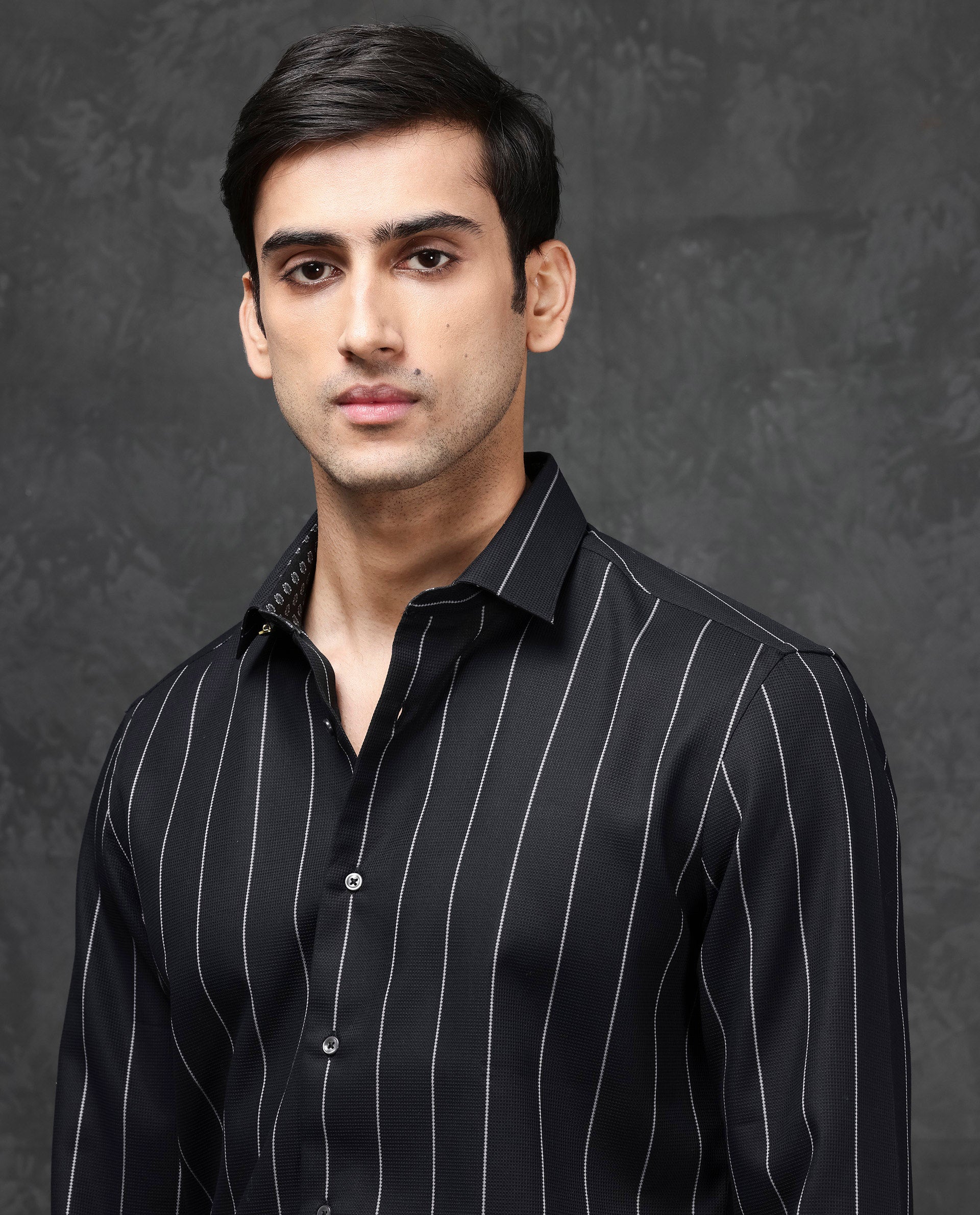 Rare Rabbit Mens Forty Black Cotton Fabric Full Sleeve Regular Fit Self Stripe Dobby Shirt