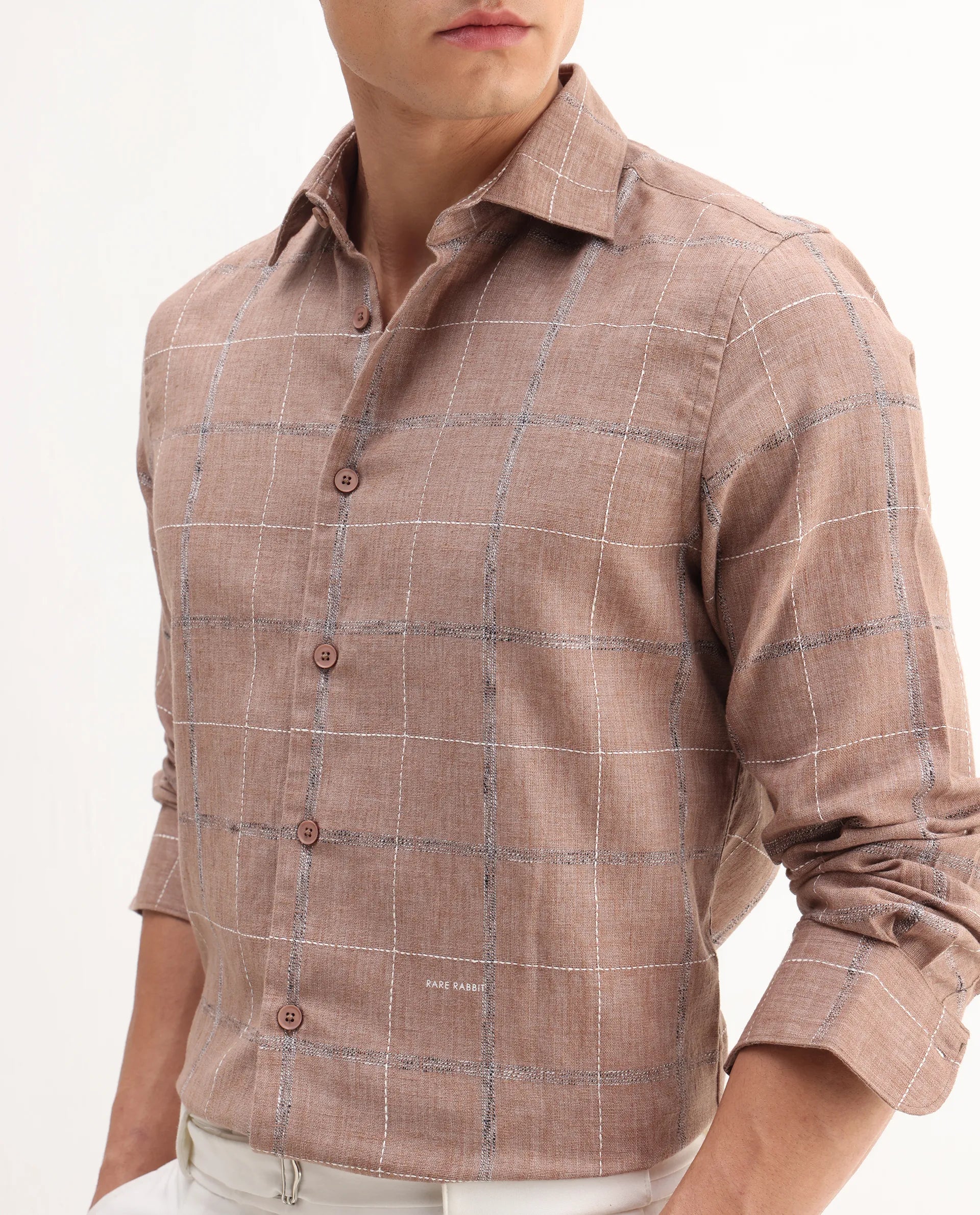 Rare Rabbit Men's Foter Bronze Polyester Blend Embroidered Regular Fit Full Sleeve Collared Shirt