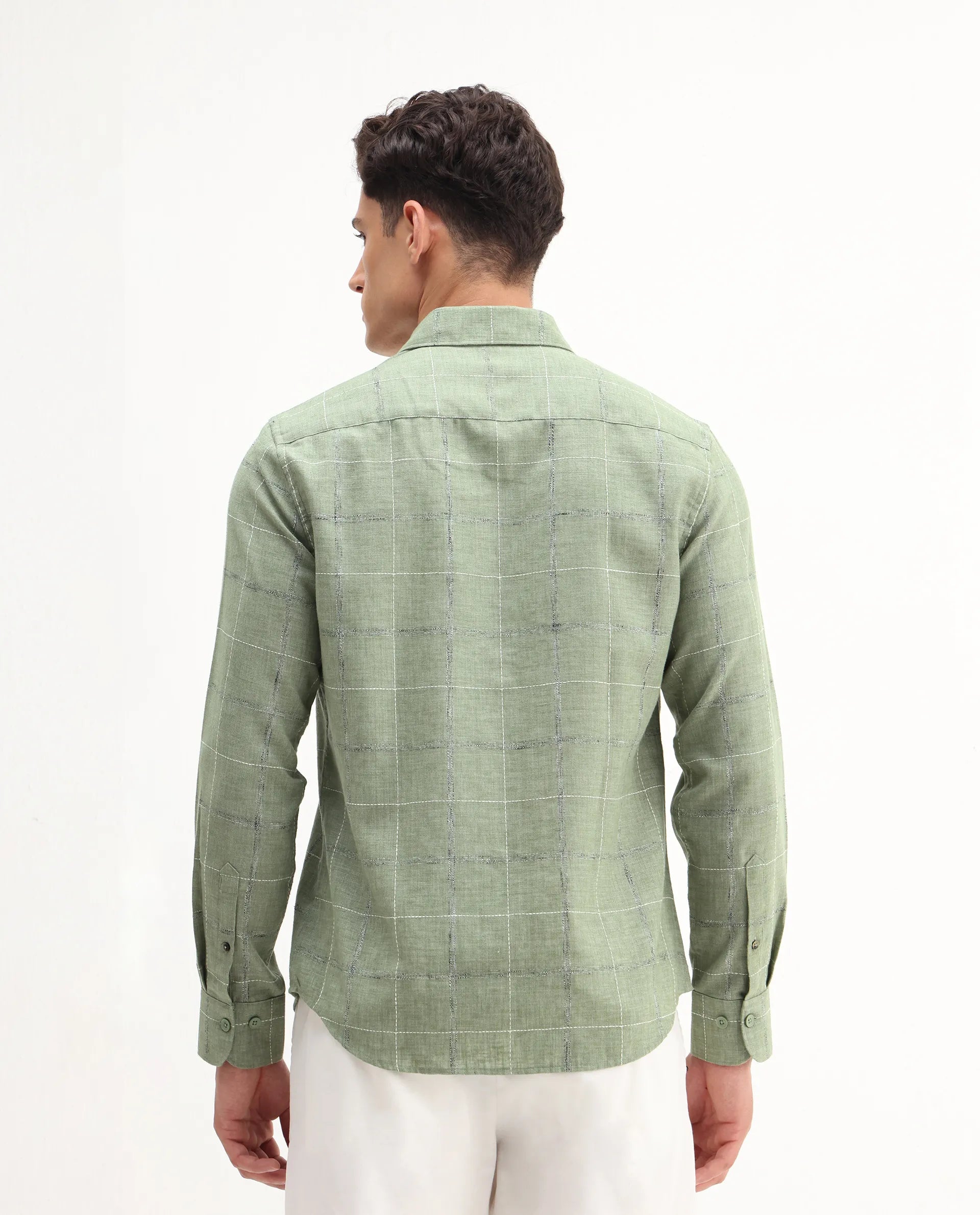 Rare Rabbit Men's Foter Green Polyester Blend Embroidered Regular Fit Full Sleeve Collared Shirt
