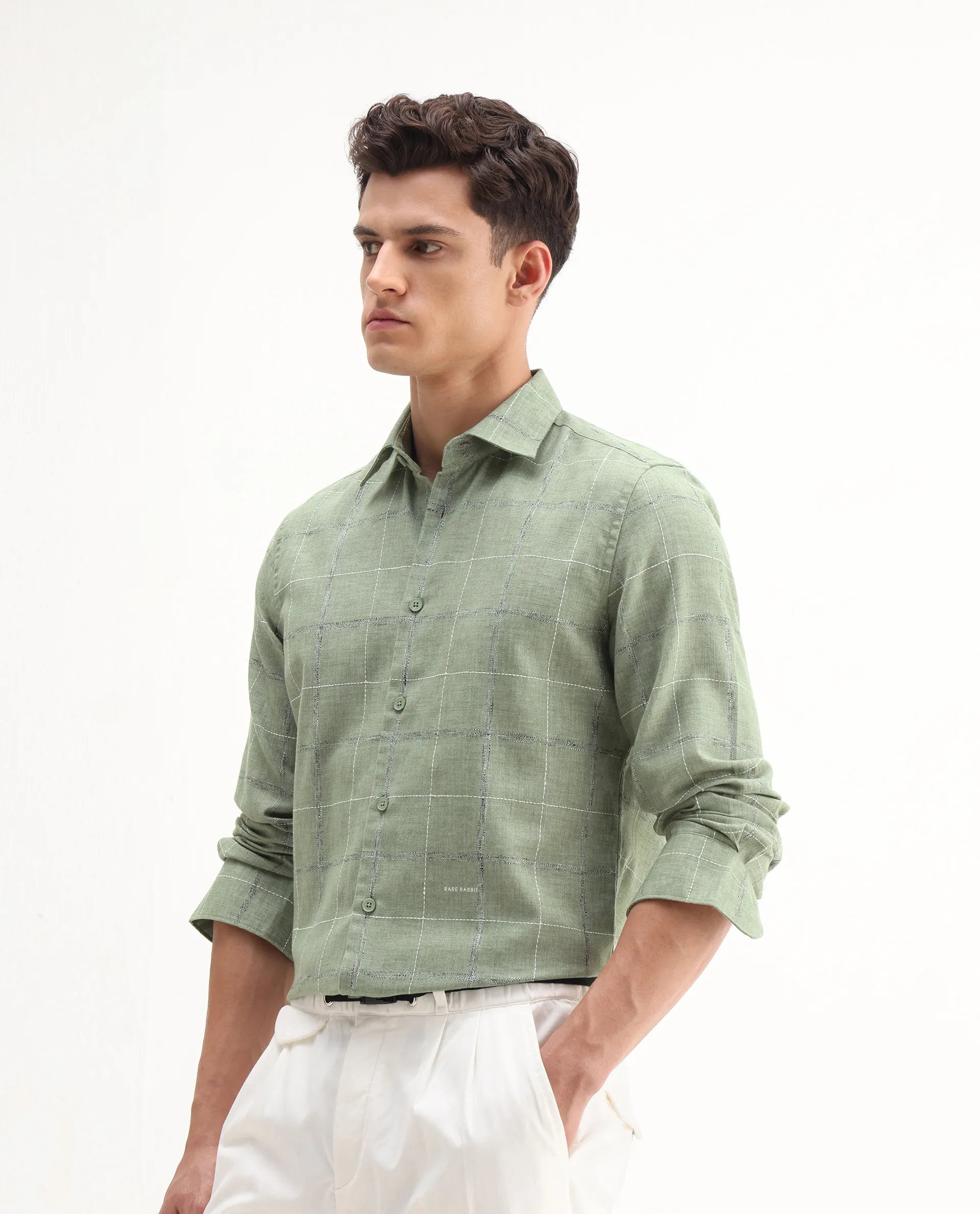 Rare Rabbit Men's Foter Green Polyester Blend Embroidered Regular Fit Full Sleeve Collared Shirt