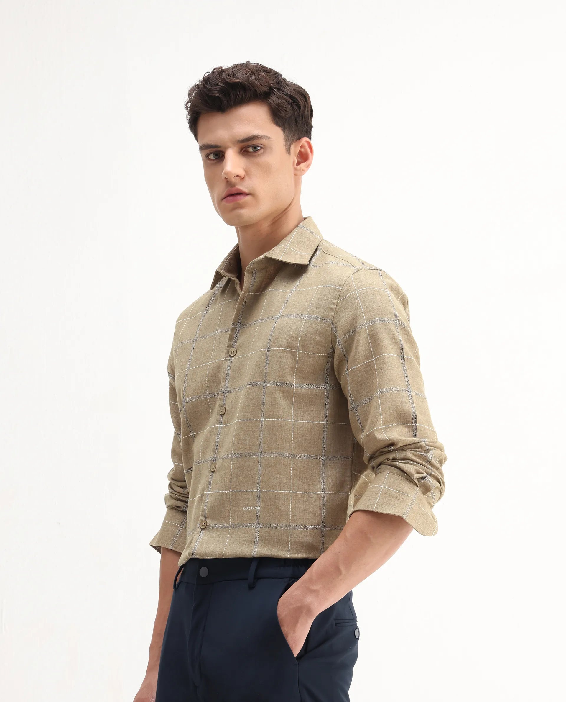 Rare Rabbit Men's Foter Khaki Polyester Blend Embroidered Regular Fit Full Sleeve Collared Shirt