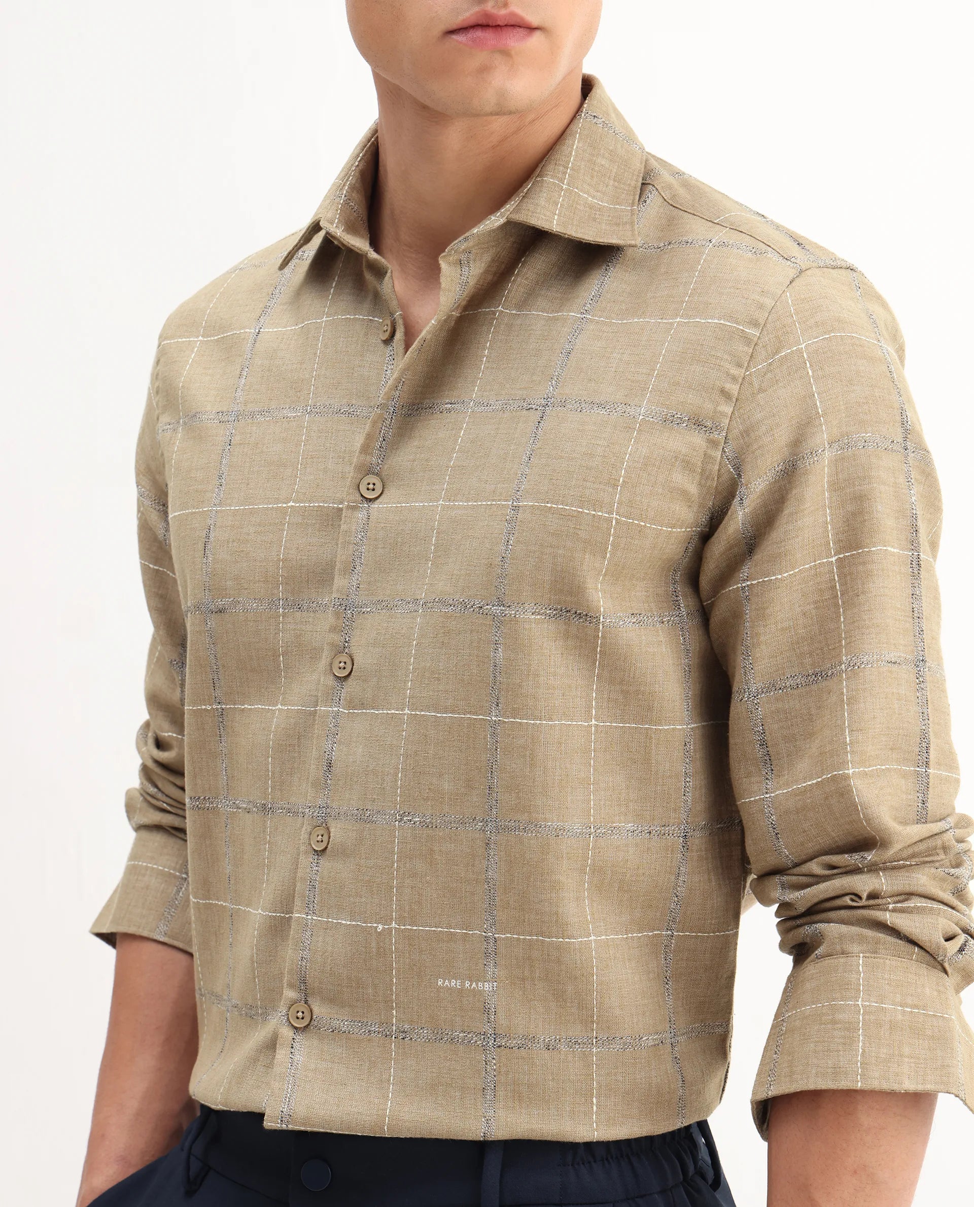 Rare Rabbit Men's Foter Khaki Polyester Blend Embroidered Regular Fit Full Sleeve Collared Shirt