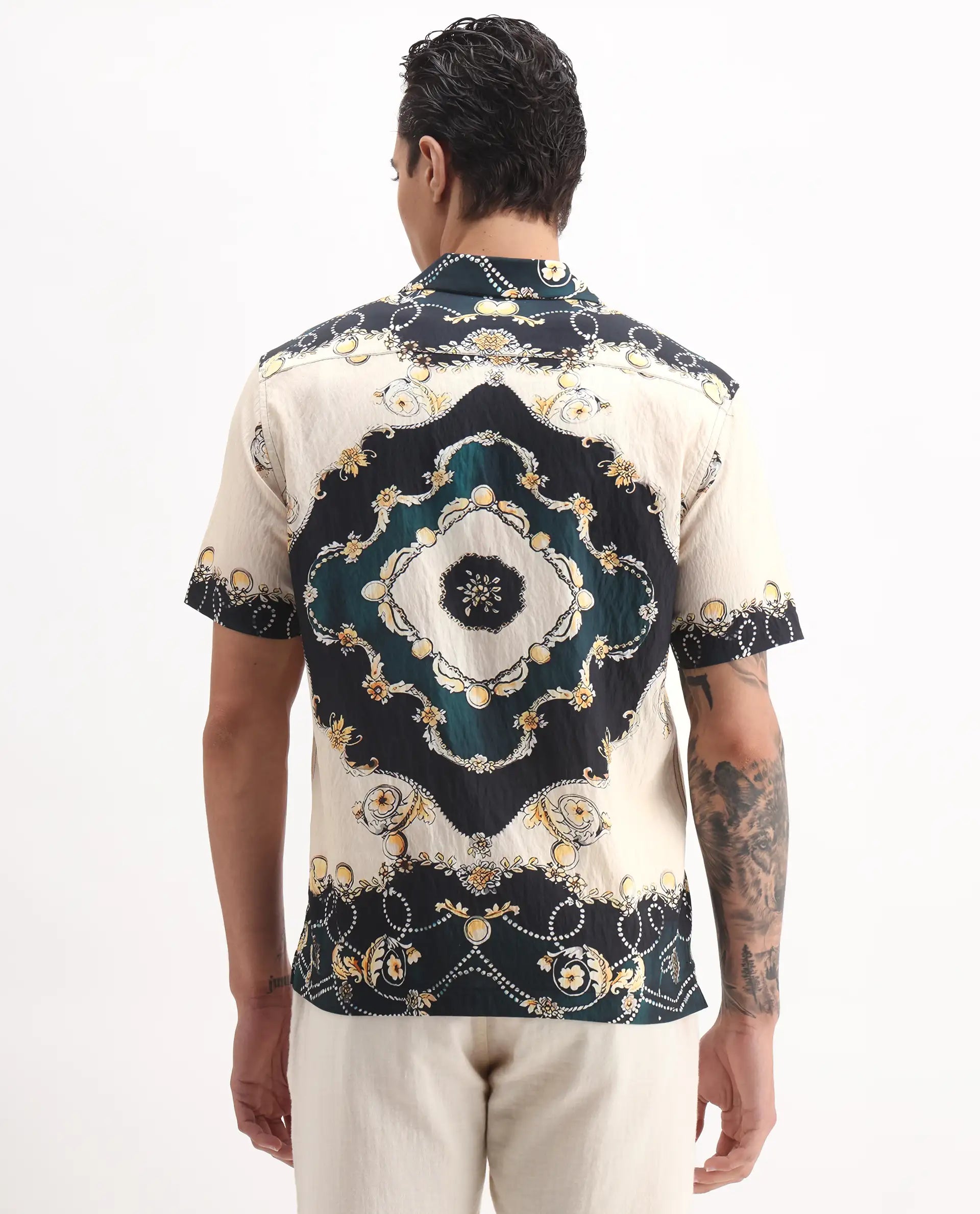 Rare Rabbit Men's Fovix Off Whte Viscose Blend Ornamental Print Relaxed Fit Half Sleeve Cuban Collar Shirt