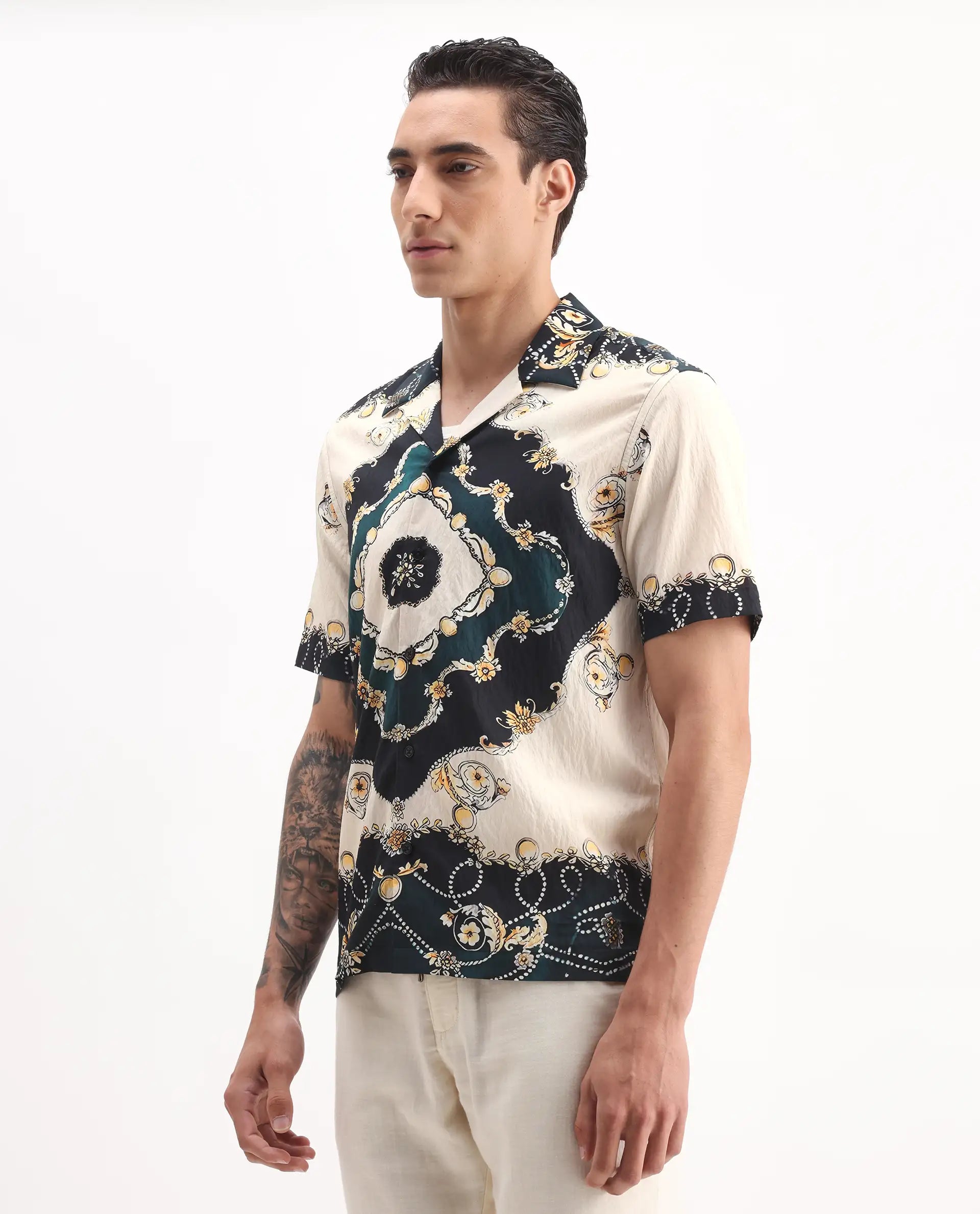 Rare Rabbit Men's Fovix Off Whte Viscose Blend Ornamental Print Relaxed Fit Half Sleeve Cuban Collar Shirt