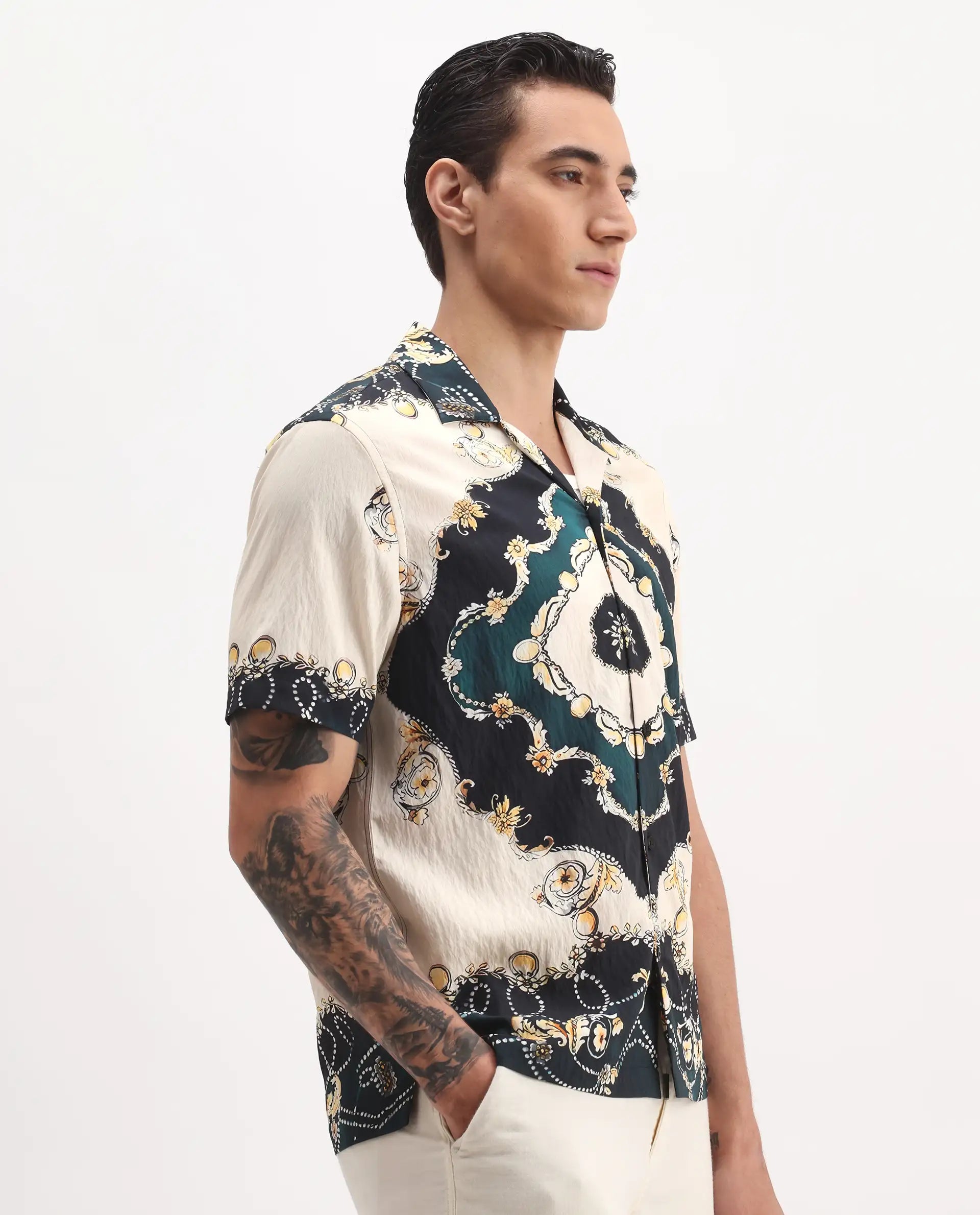 Rare Rabbit Men's Fovix Off Whte Viscose Blend Ornamental Print Relaxed Fit Half Sleeve Cuban Collar Shirt