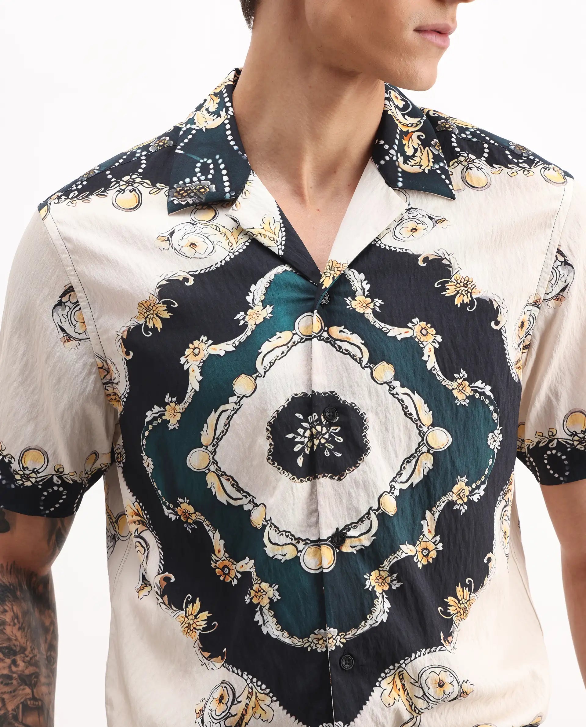 Rare Rabbit Men's Fovix Off Whte Viscose Blend Ornamental Print Relaxed Fit Half Sleeve Cuban Collar Shirt
